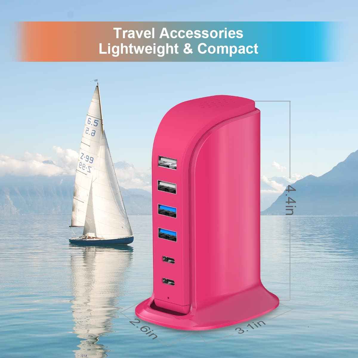 USB Charging Station Multiports Upoy, Charging Hub 6 Ports Dual Type-C, USB Tower Fast Charging for Tablets, Cellphones, Smart Watch, and More Electronic Gadgets, Portable Design, Travel Essentials