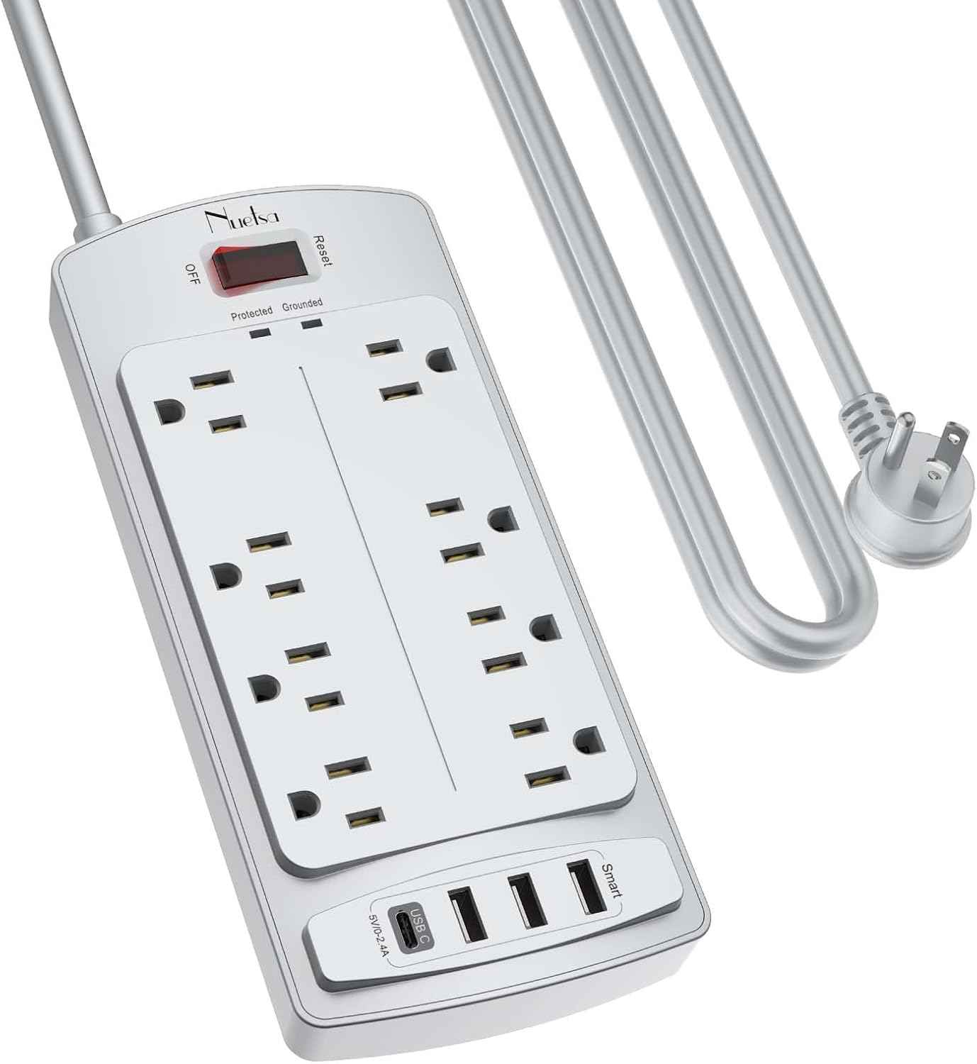 Surge Protector Power Strip - Nuetsa Flat Plug Extension Cord with 8 Outlets and 4 USB Ports, 6 Feet Power Cord (1625W/13A), 2700 Joules, ETL Listed, Black