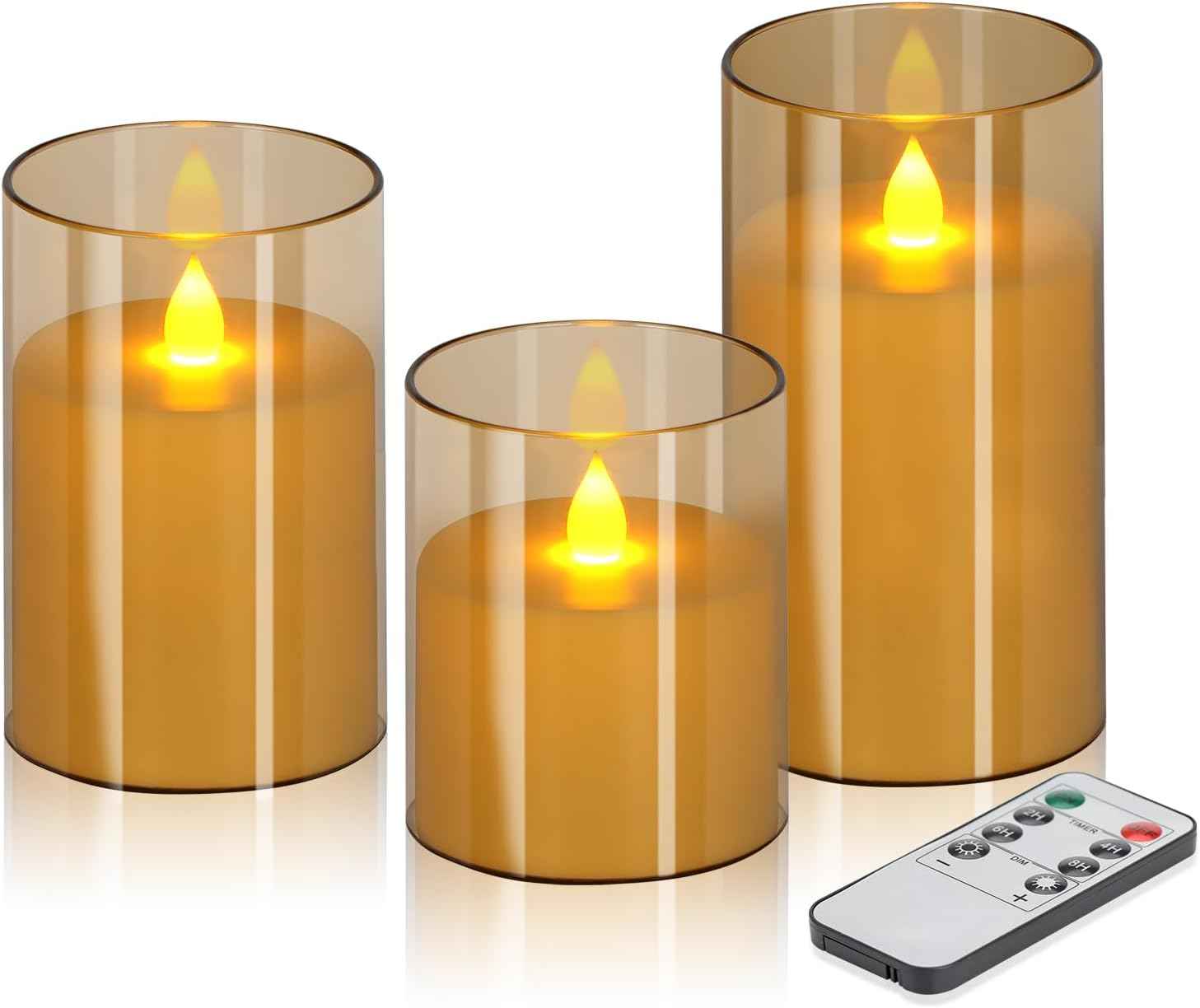 Flameless Candles 4" 5" 6" Set of 3 Acrylic Glass Pillars 3" Diameter Battery Operated Flickering Candles Include 10-Key Remote with Timer Function 400+ Hours (Gray, Warm Light 3 Pack)