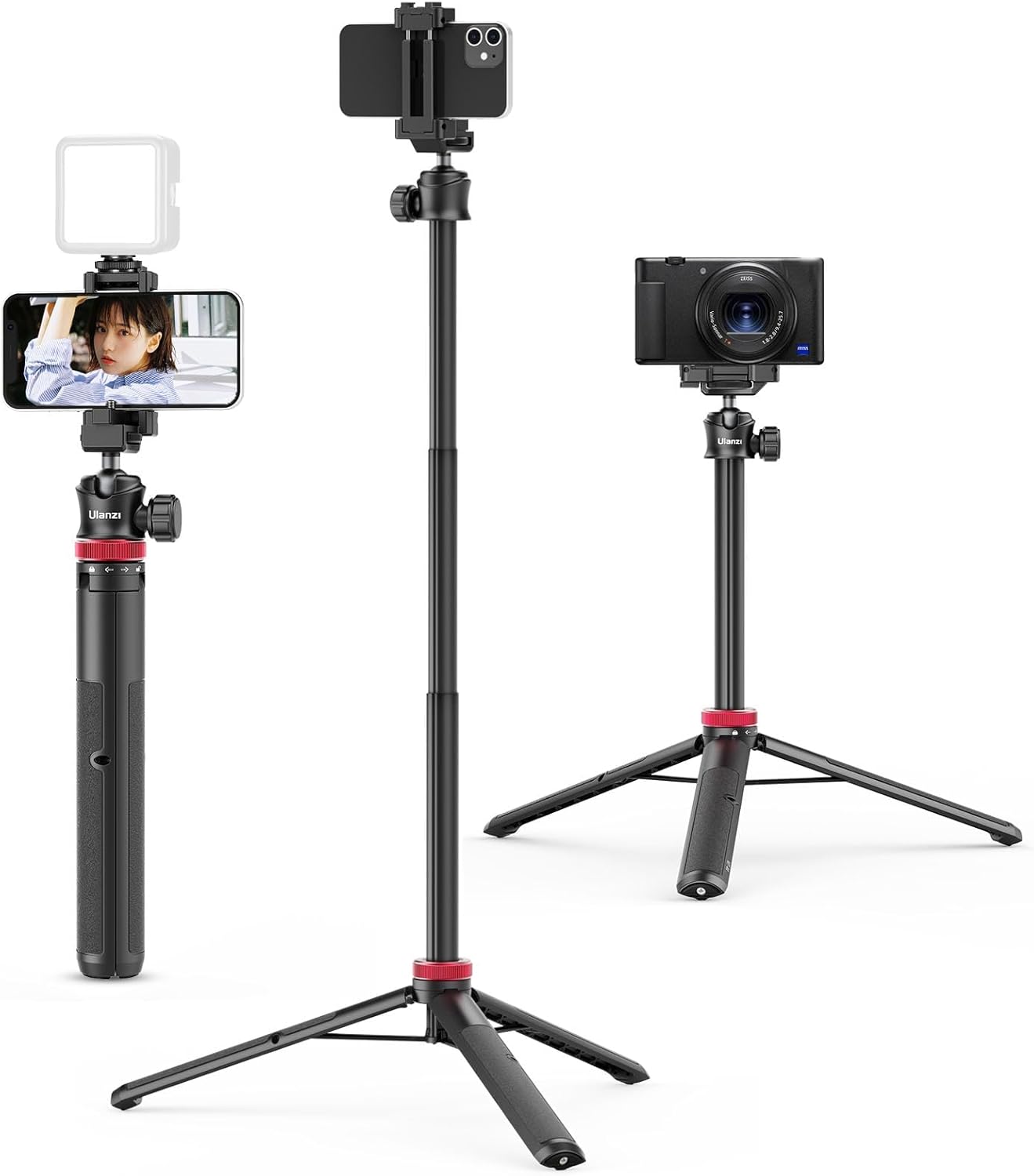 ULANZI MT-44 Extendable Phone Tripod, 59" Selfie Stick Vlog Stand with 2 in 1 Phone Clip, 360° Ball Head Camera Tripod for iPhone Sony DJI Osmo Nano Action Camera, Lightweight for Travel