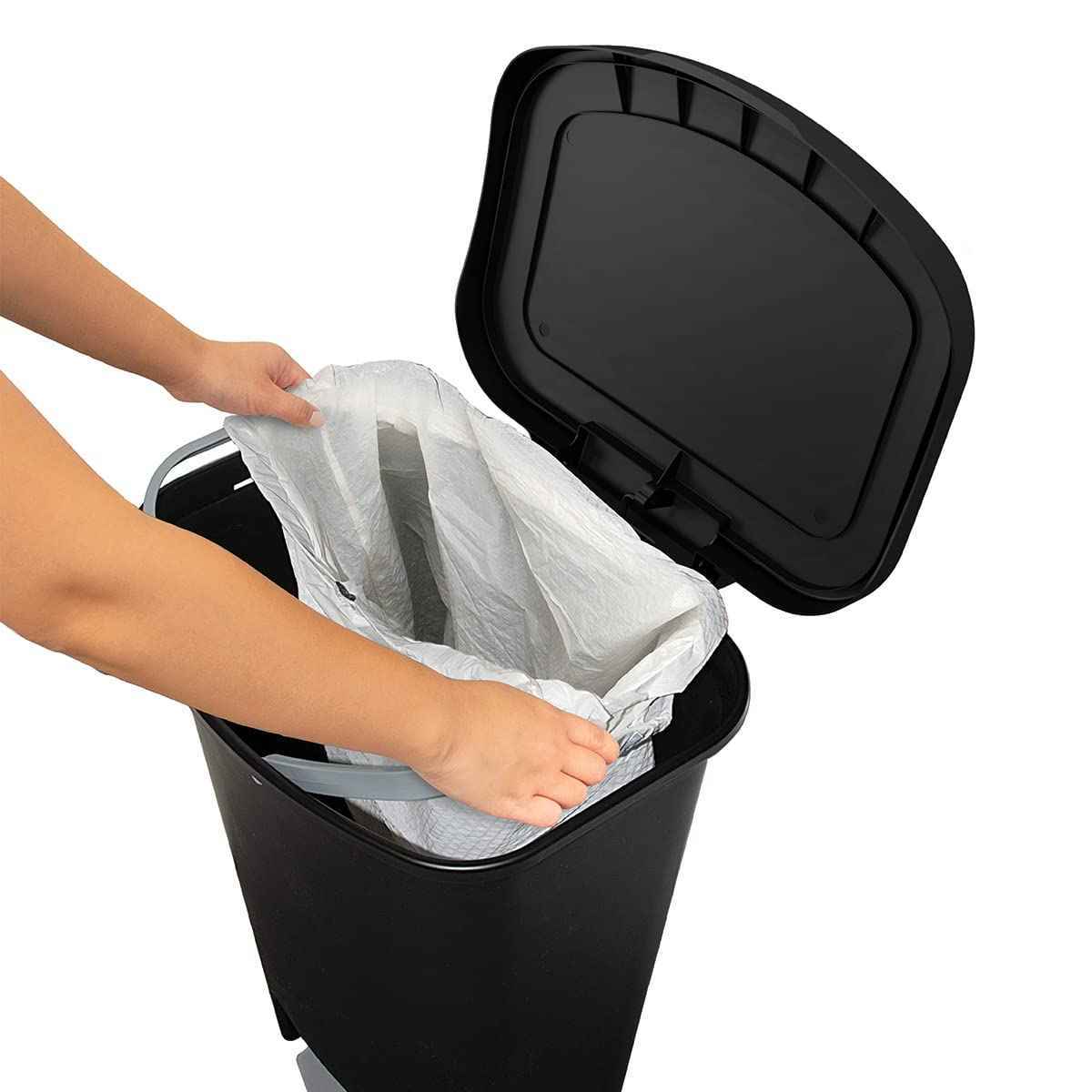 Glad 13 Gallon Trash Can | Plastic Kitchen Waste Bin with Odor Protection of Lid | Hands Free with Step On Foot Pedal and Garbage Bag Rings, Black