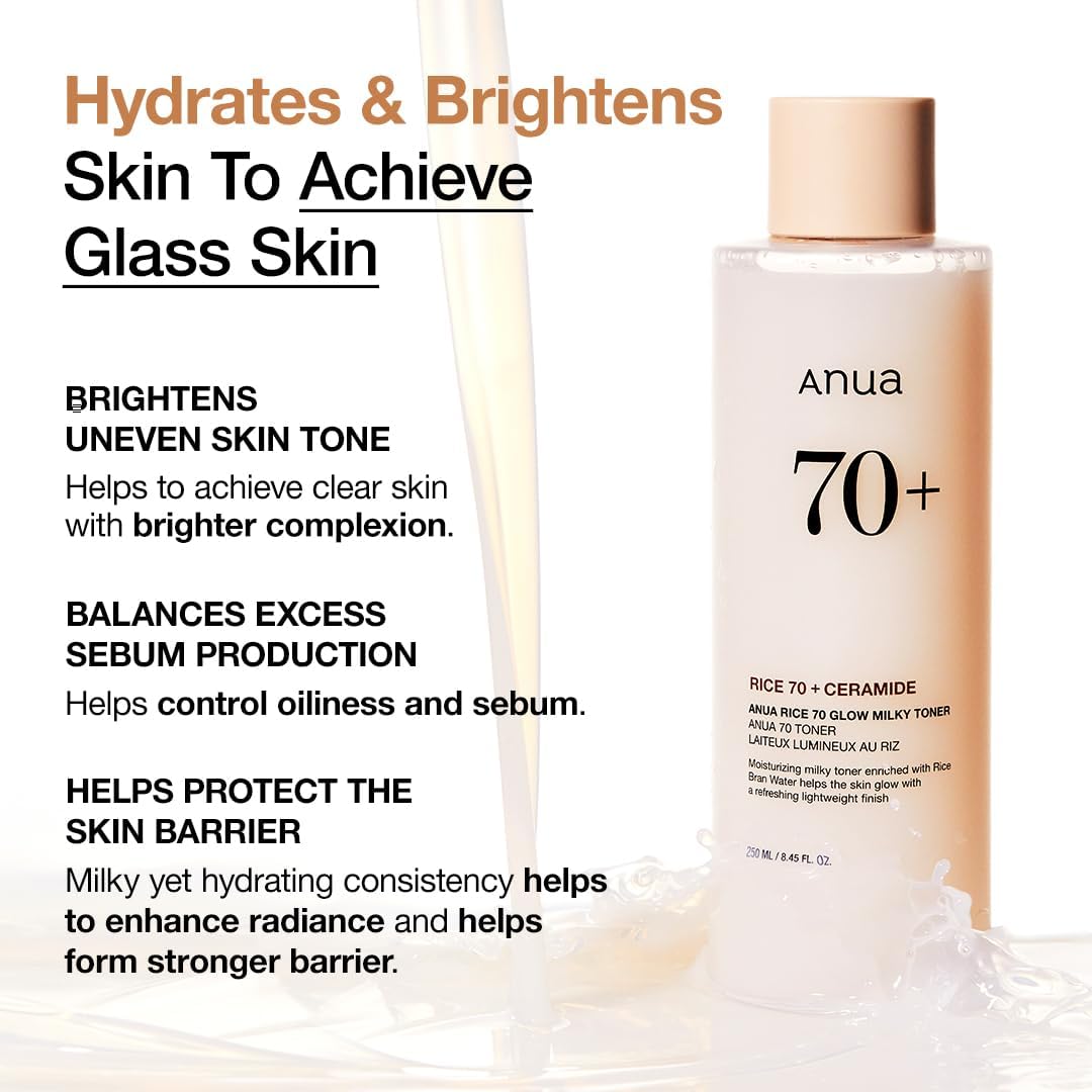 anua rice 70 glow milky toner for glass skin, fragrance-free, non-comedogenic, 250ml/8.45fl.oz