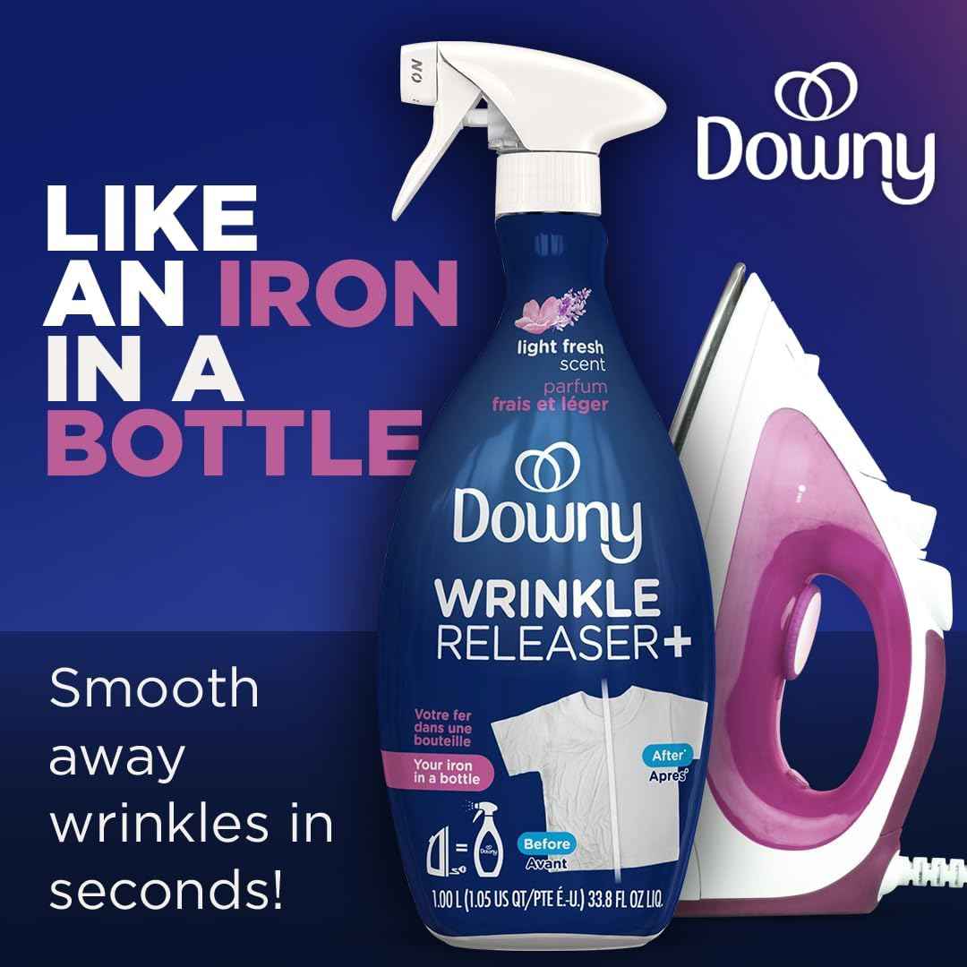 Downy Wrinkle Releaser Spray, Travel Size Spray + 16.9 Fl Oz Pack of 2, All In One Formula, Removes Wrinkles, Static and Odors, Light Fresh Scent