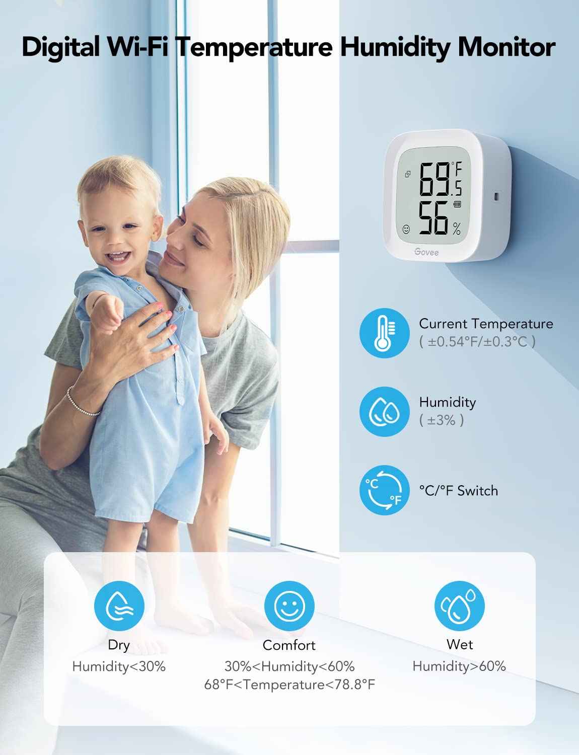 Govee WiFi Thermometer Hygrometer H5103, Indoor Bluetooth Temperature Humidity Sensor with Electronic Ink Display, App Notification Alert, Free Data Storage Export, Digital Remote Monitor for Bedroom