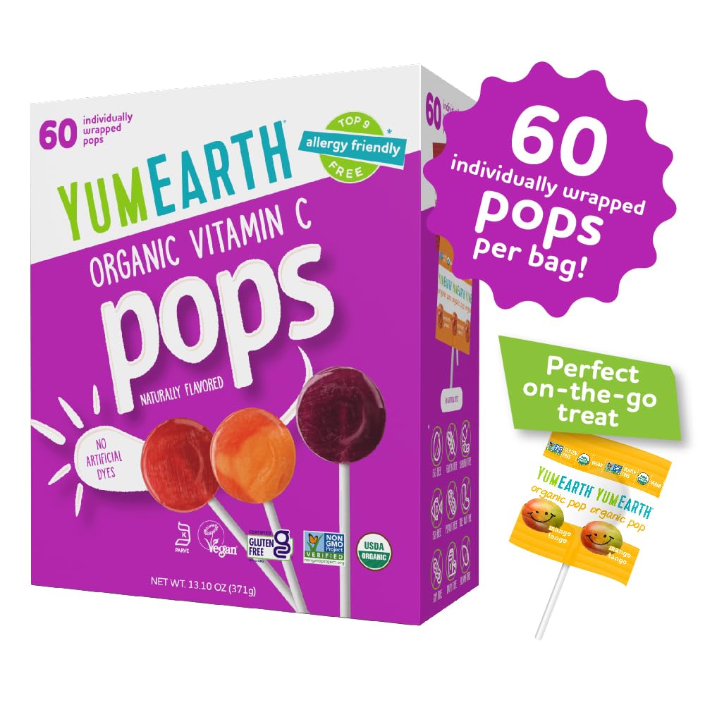 yumearth organic vitamin c pops variety pack, 60 fruit flavored favorites lollipops, allergy friendly, gluten free, non-gmo, vegan