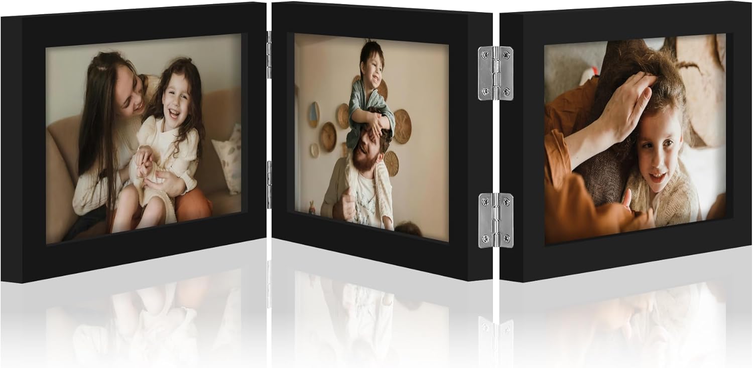 decorUhome Engineered Wood Trifold 4x6 Photo Frame with Plexiglass for Tabletop Display, Black, 3-Picture Frame