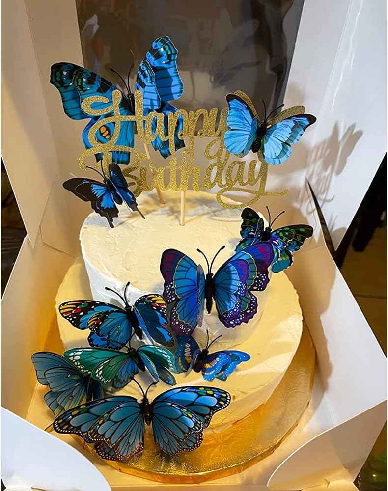 Butterflies Decoration, BOPART 24Pcs 3D Butterfly Decals Stickers for Party Decoration, Blue Butterflies Wall Decor Magnetic Butterfly for Crafts (12 Styles at 4 Sizes in Double Wings)