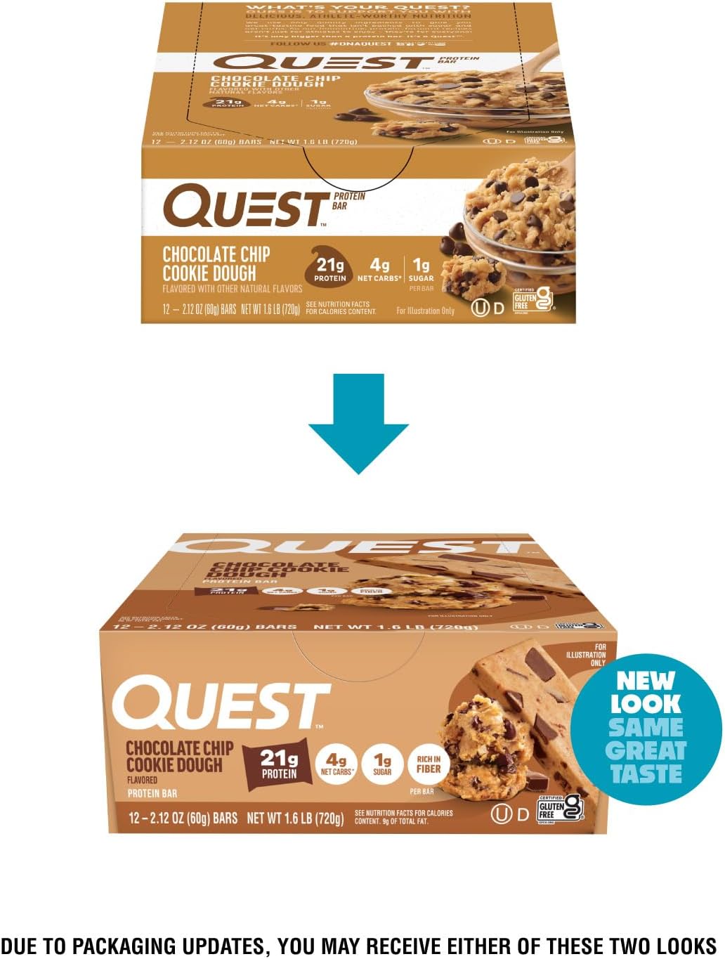quest nutrition chocolate chip cookie dough protein bars 21g protein 1g sugar 4g net carb gluten free 12 count