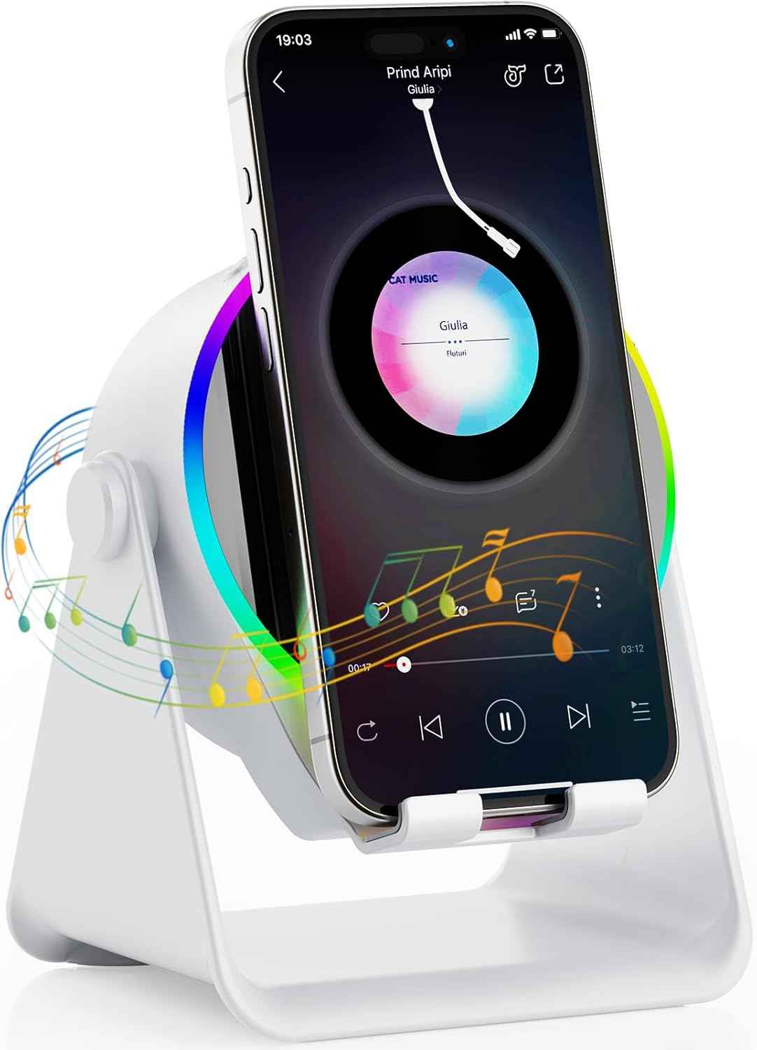 TARKARI Wireless Induction Speaker, 5 in 1 Bluetooth Speaker, 360° Rotation Cell Phone Stand with Colorful Ambient Light Compatible with iPhone iPad Android Tablet, Birthday Gifts for Women Men Him