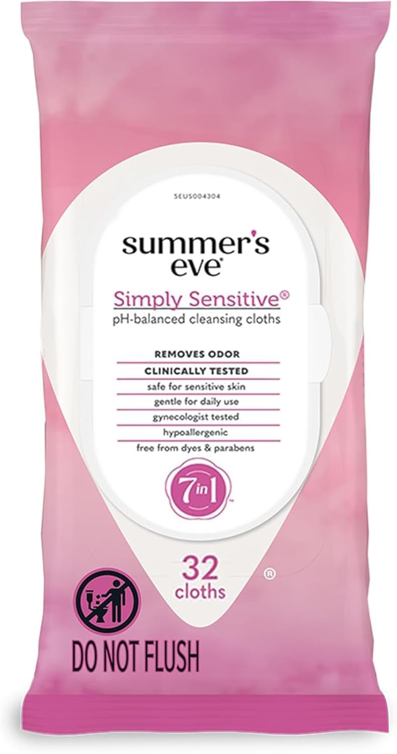 Summer's Eve Simply Sensitive feminine wipes, gentle pH-balanced micellar water formula for vaginal odor control, resealable packs of 32