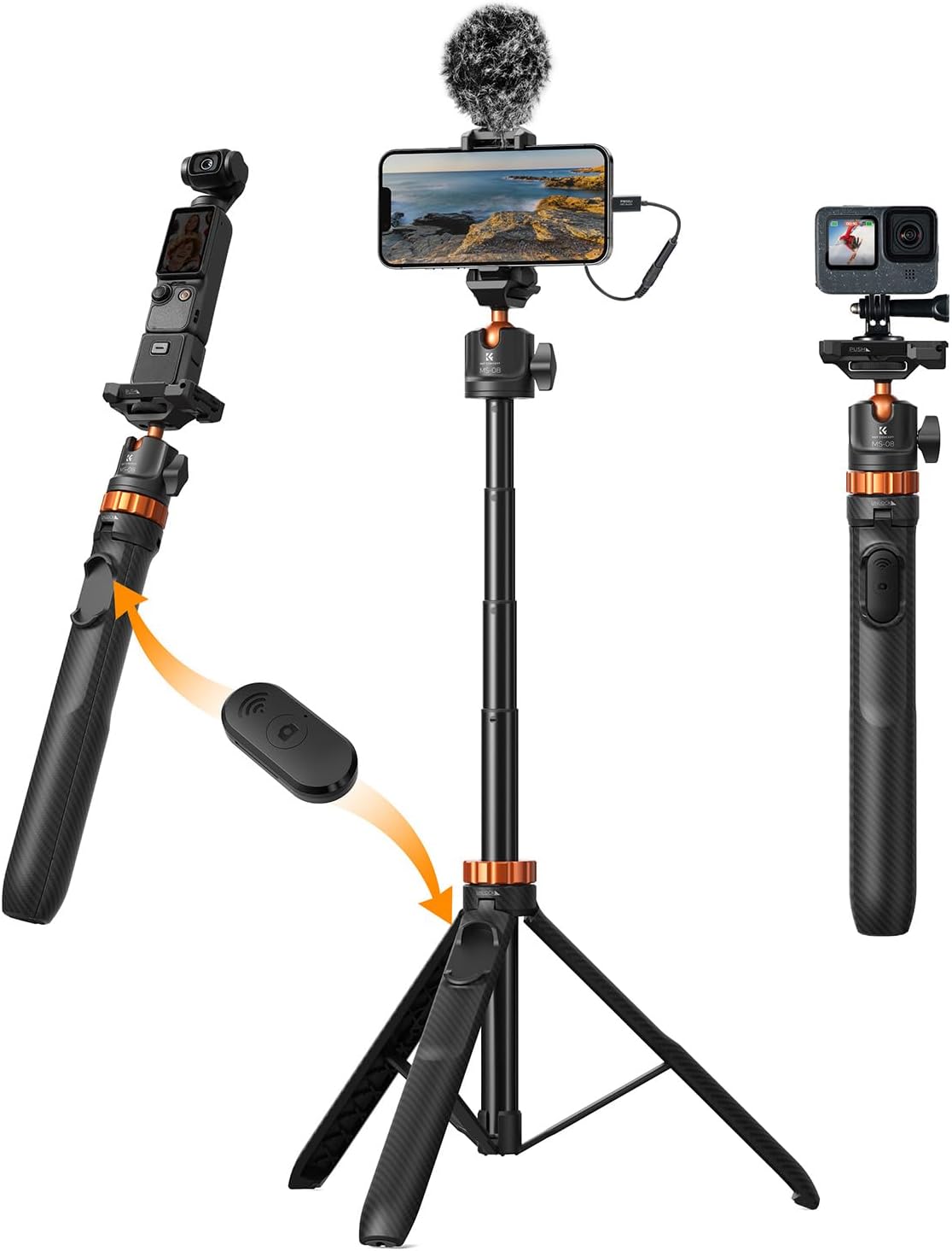 K&F CONCEPT 62'' Phone Selfie Stick Tripod, 2-in-1 Extendable Cell Phone Tripod Stand with Remote, 360° Ball Head Camera Tripod Compatible with DJI Osmo Pocket 4/3 Action 6/5Pro GoPro 13/12 iPhone.