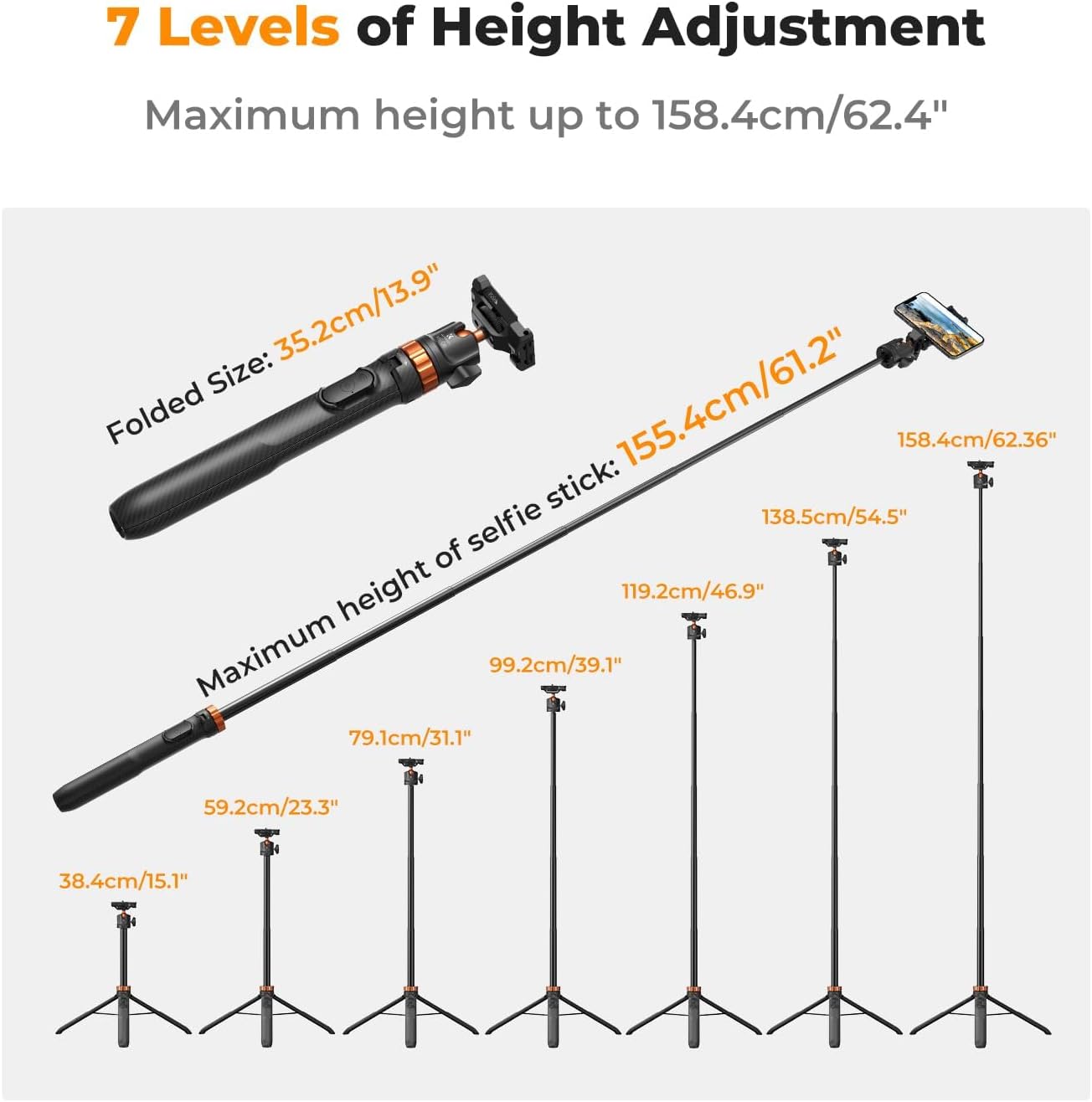 K&F CONCEPT 62'' Phone Selfie Stick Tripod, 2-in-1 Extendable Cell Phone Tripod Stand with Remote, 360° Ball Head Camera Tripod Compatible with DJI Osmo Pocket 4/3 Action 6/5Pro GoPro 13/12 iPhone.