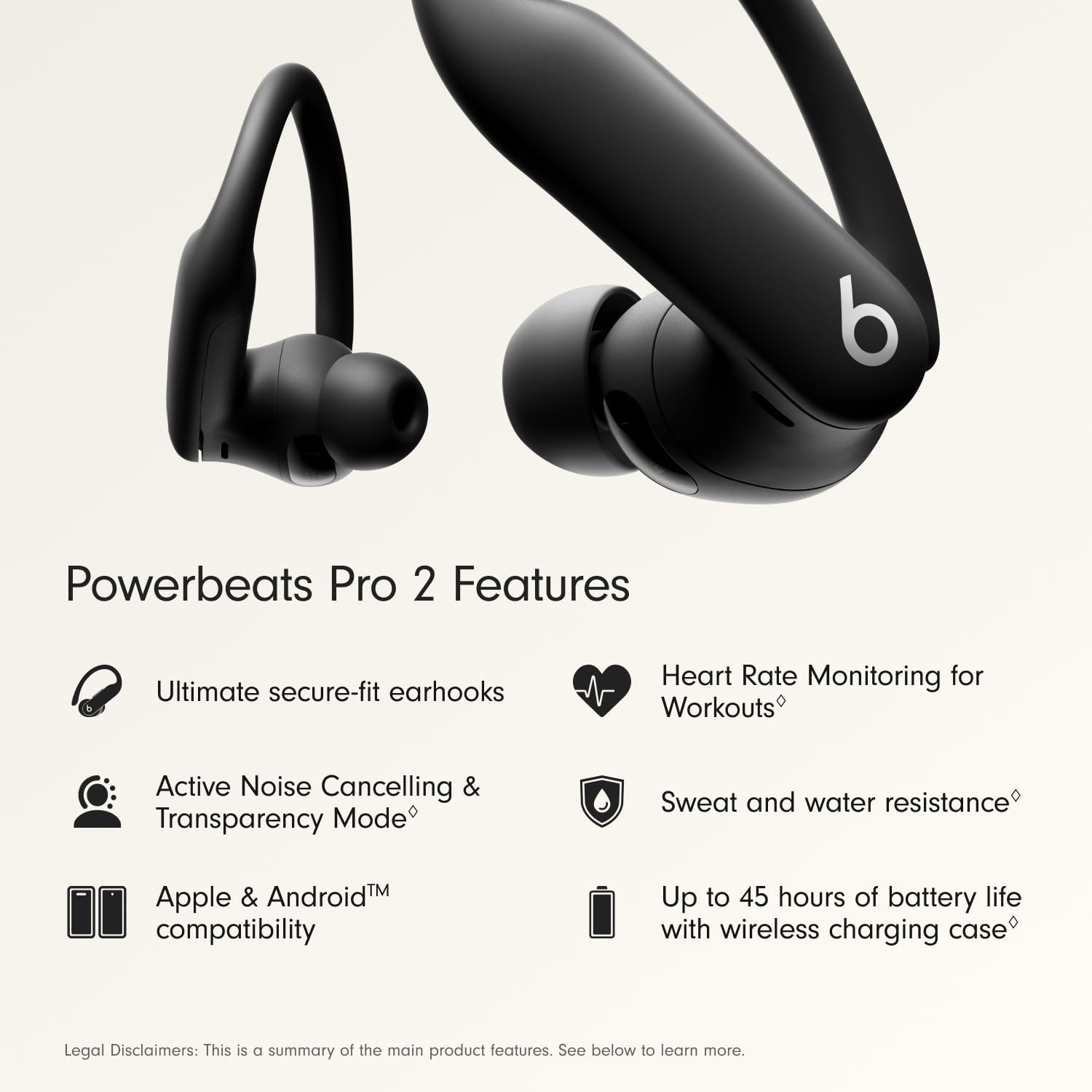 Beats Powerbeats Pro 2 - Wireless Noise Cancelling Workout Earbuds with Secure- Fit Earhooks, Up to 45-Hour Battery with Charging Case, Sweat & Water Resistant, Heart Rate Monitoring - Jet Black