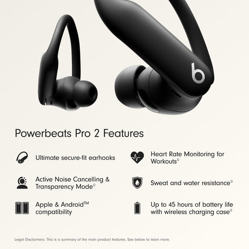 Beats Powerbeats Pro 2 - Wireless Noise Cancelling Workout Earbuds with Secure- Fit Earhooks, Up to 45-Hour Battery with Charging Case, Sweat & Water Resistant, Heart Rate Monitoring - Jet Black