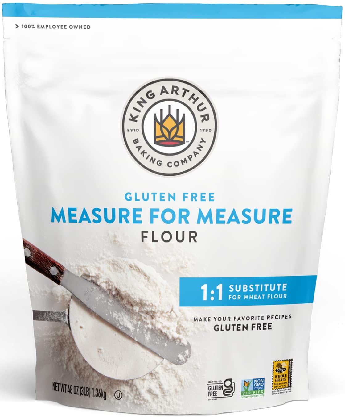 king arthur measure for measure gluten-free flour, 1:1 substitute for wheat flour, non-gmo, kosher certified, 3 lbs
