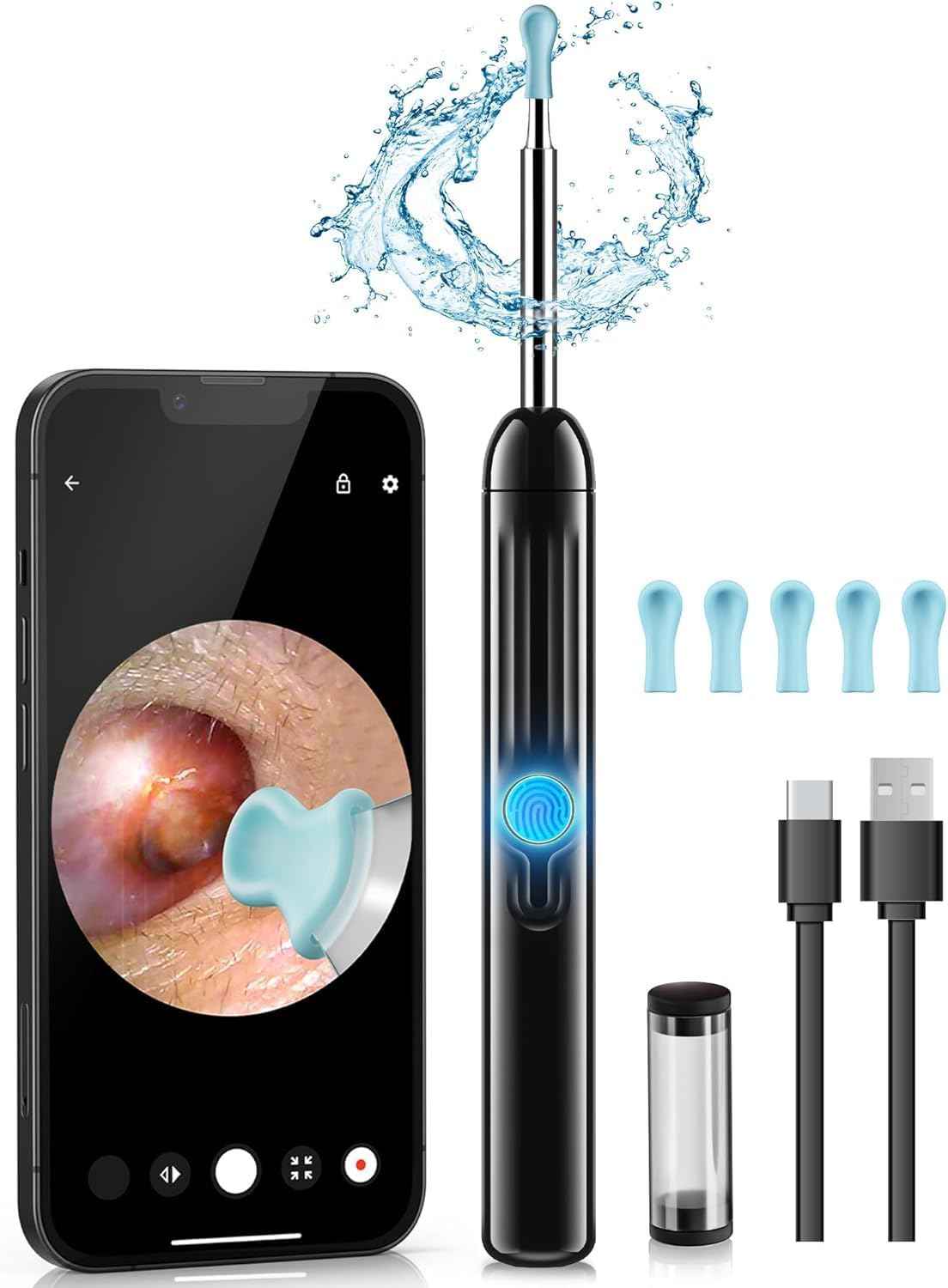 Jegoat Ear Wax Removal, Ear Wax Removal Tool Camera with 1296P HD Camera and 6 LED Lights, Ear Cleaner with 10 Ear Pick, Upgraded Ear Wax Removal Kit for iOS and Android, Black