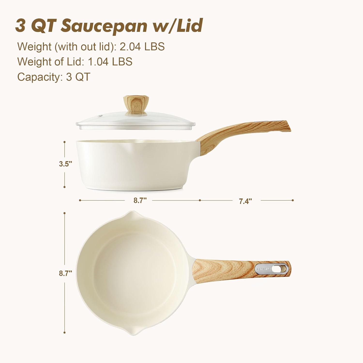 SENSARTE Ceramic Nonstick 3.0 Quart Saucepan with Double Spout Large Cooking Pot Non Toxic Kitchen Sauce Pot