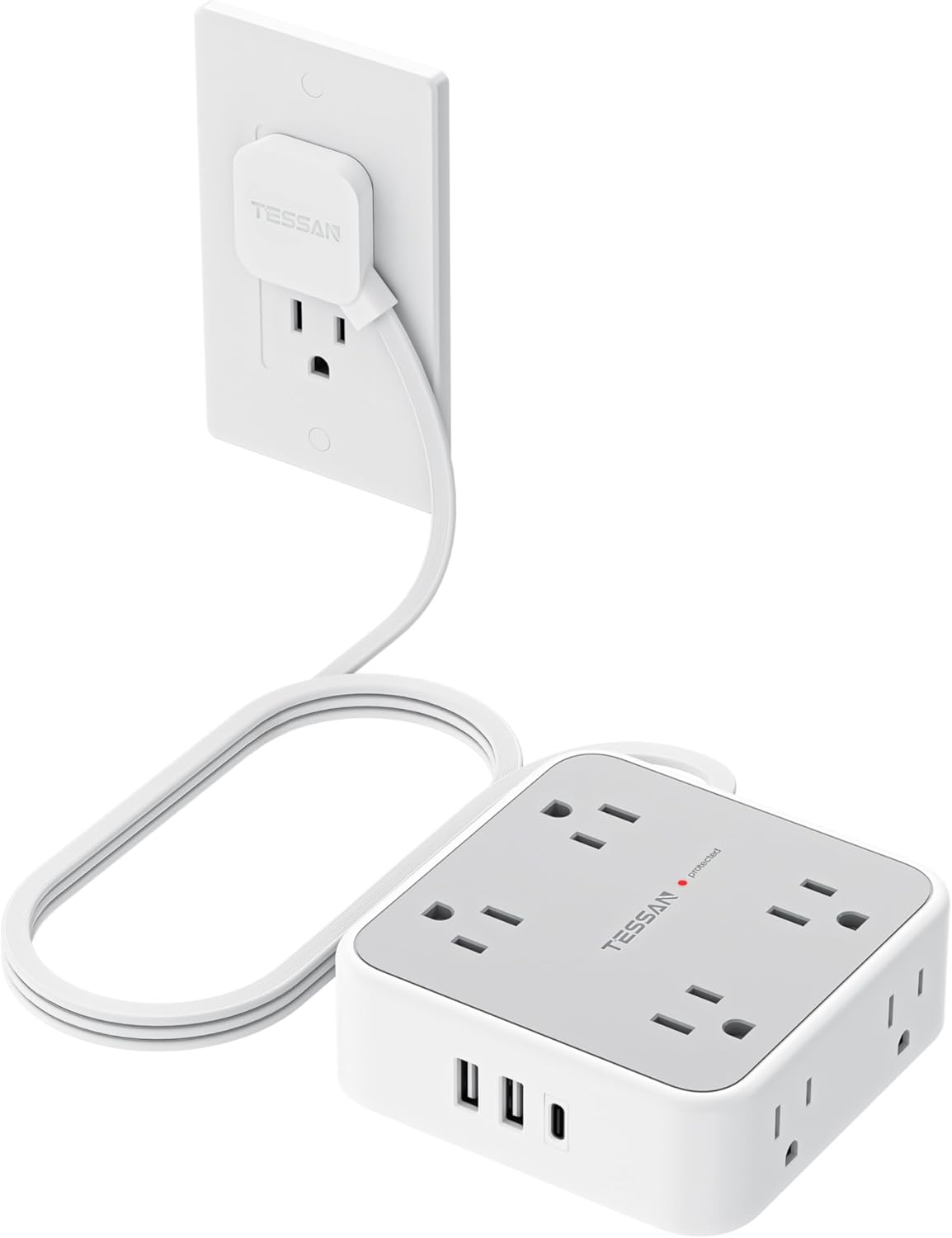 TESSAN 5 Ft flat plug extension cord with 3 USB, 8 outlets, 900J surge protection for office, dorm room essentials