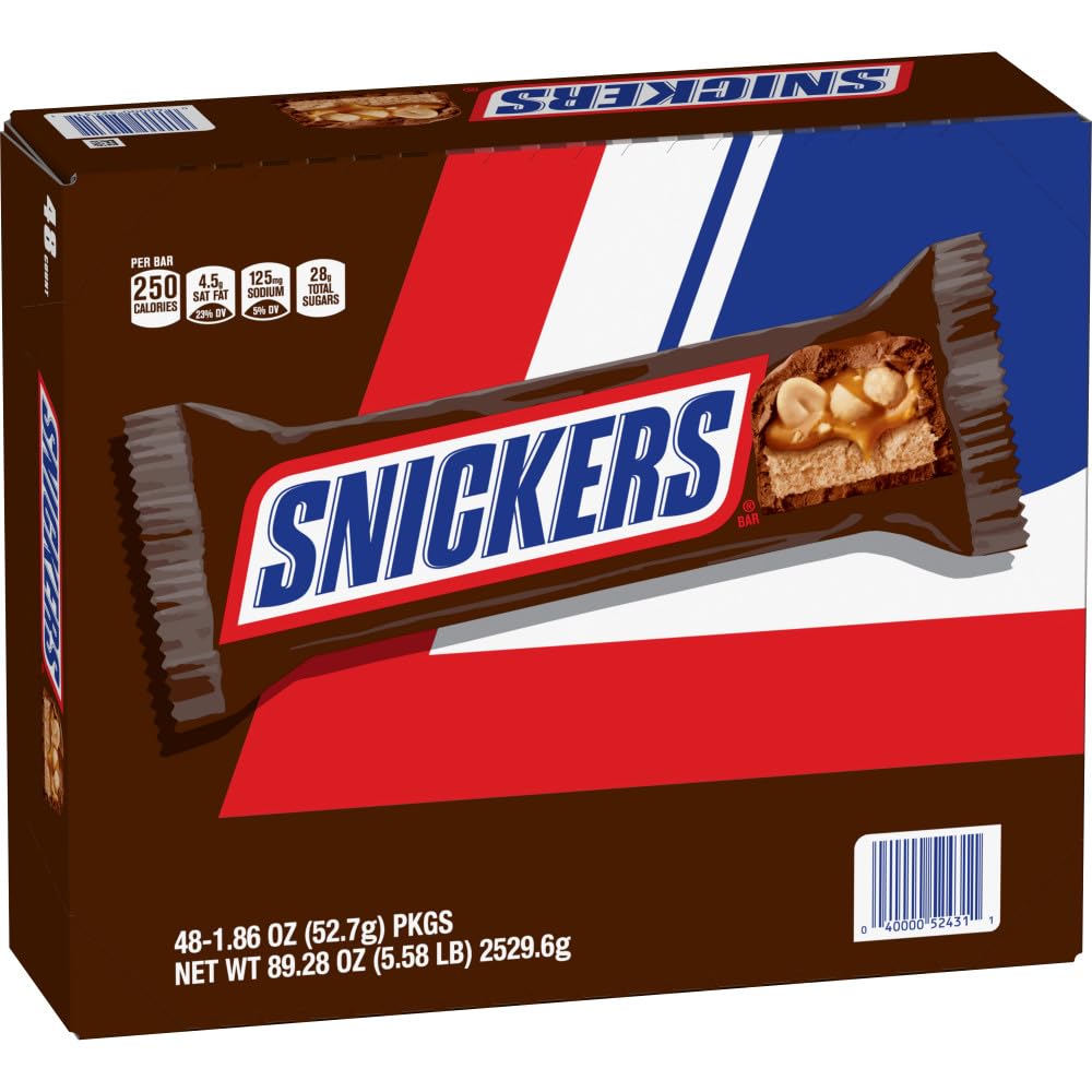 snickers full size bulk milk chocolate candy bars, 1.86 oz bar, 48 count box