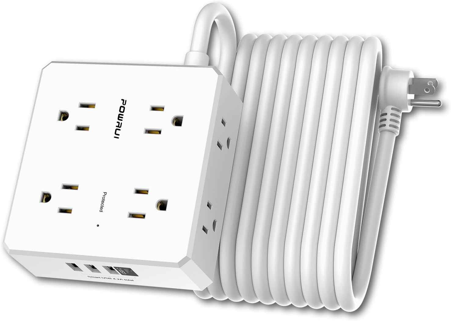 Surge Protector Power Strip - 6 Ft Flat Plug Extension Cord with 8 Widely Outlets and 4 USB Ports(1 USB C), 3 Side Outlet Extender for Home Office, White, ETL Listed