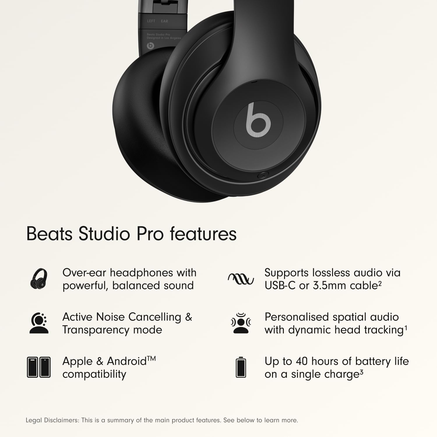 Beats Studio Pro Premium Wireless Over-Ear Headphones- Up to 40-Hour Battery Life, Active Noise Cancelling, Great for Travel & Commuting, USB-C Lossless Audio, Apple & Android Compatible -Black