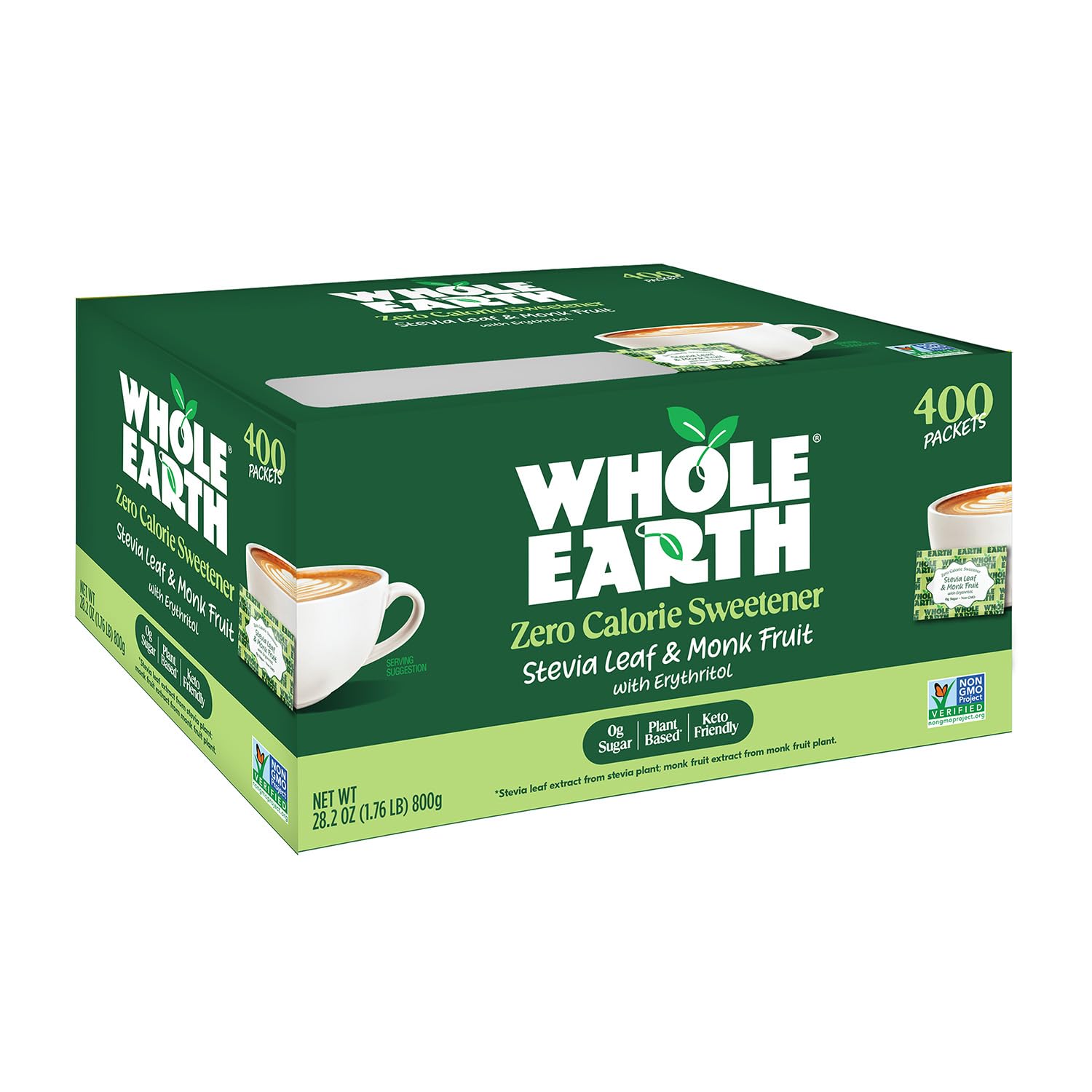 Whole Earth Stevia & Monk Fruit Sweetener packets, 400 count, zero-calorie sugar substitute for keto, paleo, and low-carb diets