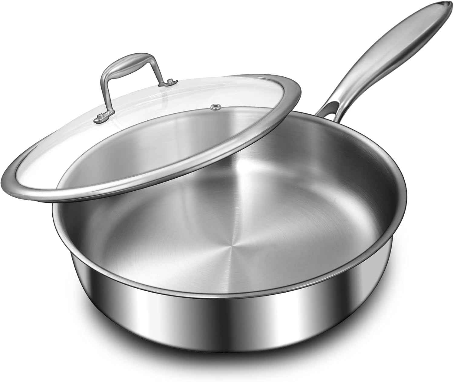 EWFEN 12 Inch Tri-Ply Stainless Steel Frying Pan, Compatible with All Cooktops Up to 600℉, Large Frying Pan with lids, Induction-Ready Skillet, Dishwasher and Oven Safe, Even Heat, 12" Saute Pan+Lid