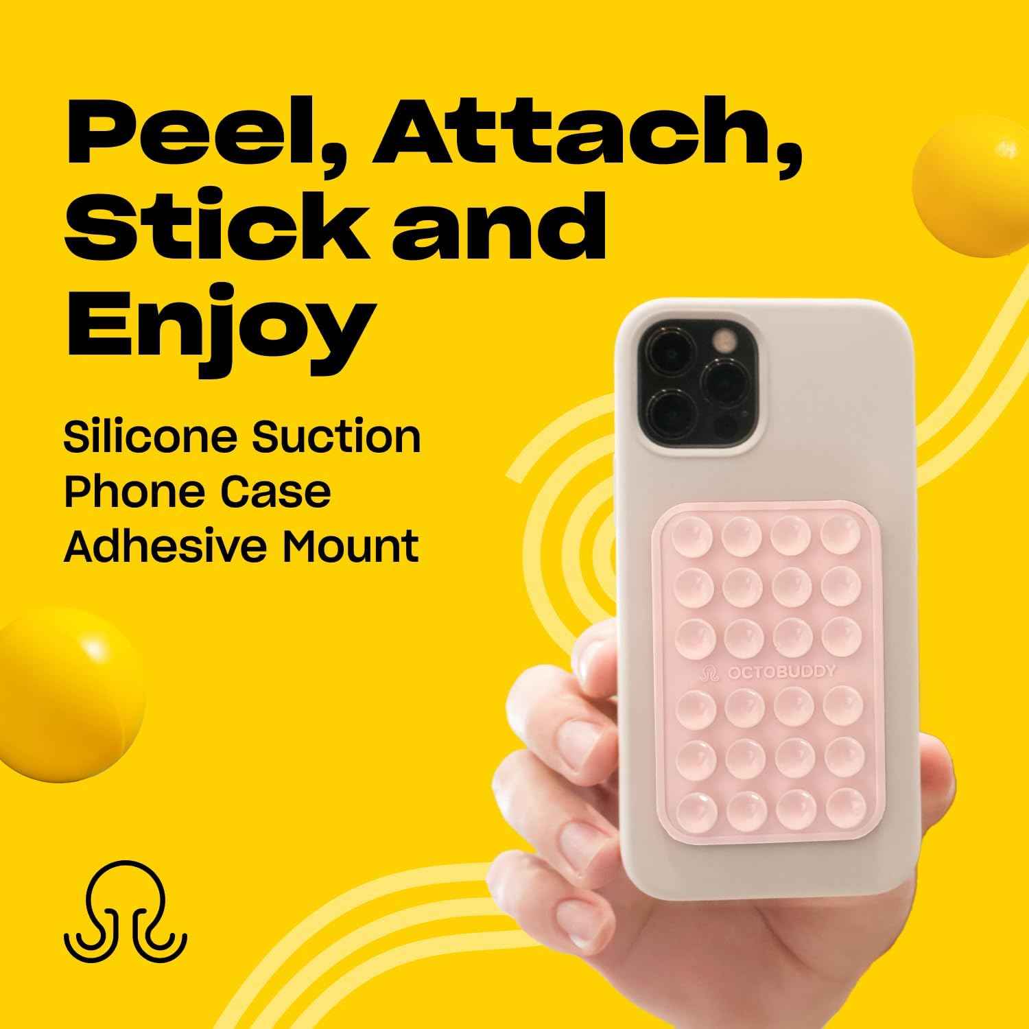 OCTOBUDDY Classic - Silicone Suction Phone Case Adhesive Mount - Hands-Free, Strong Grip Holder for Selfies and Videos - iPhone and Android Compatible - 2.25″ x 3.25″, Chalk Pink