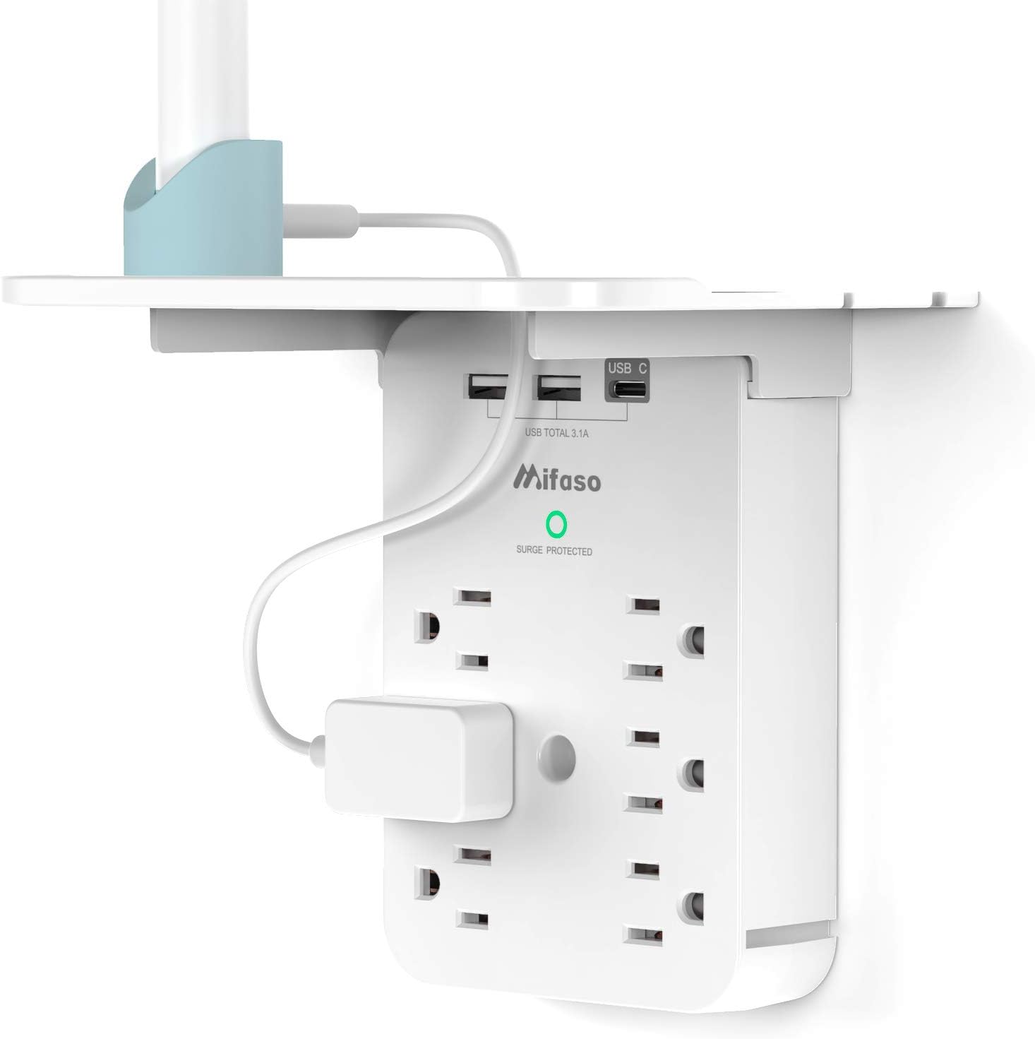 wall outlet extender with 6 ac outlets, shelf, 2 usb & usb c charging ports - compact plug expander