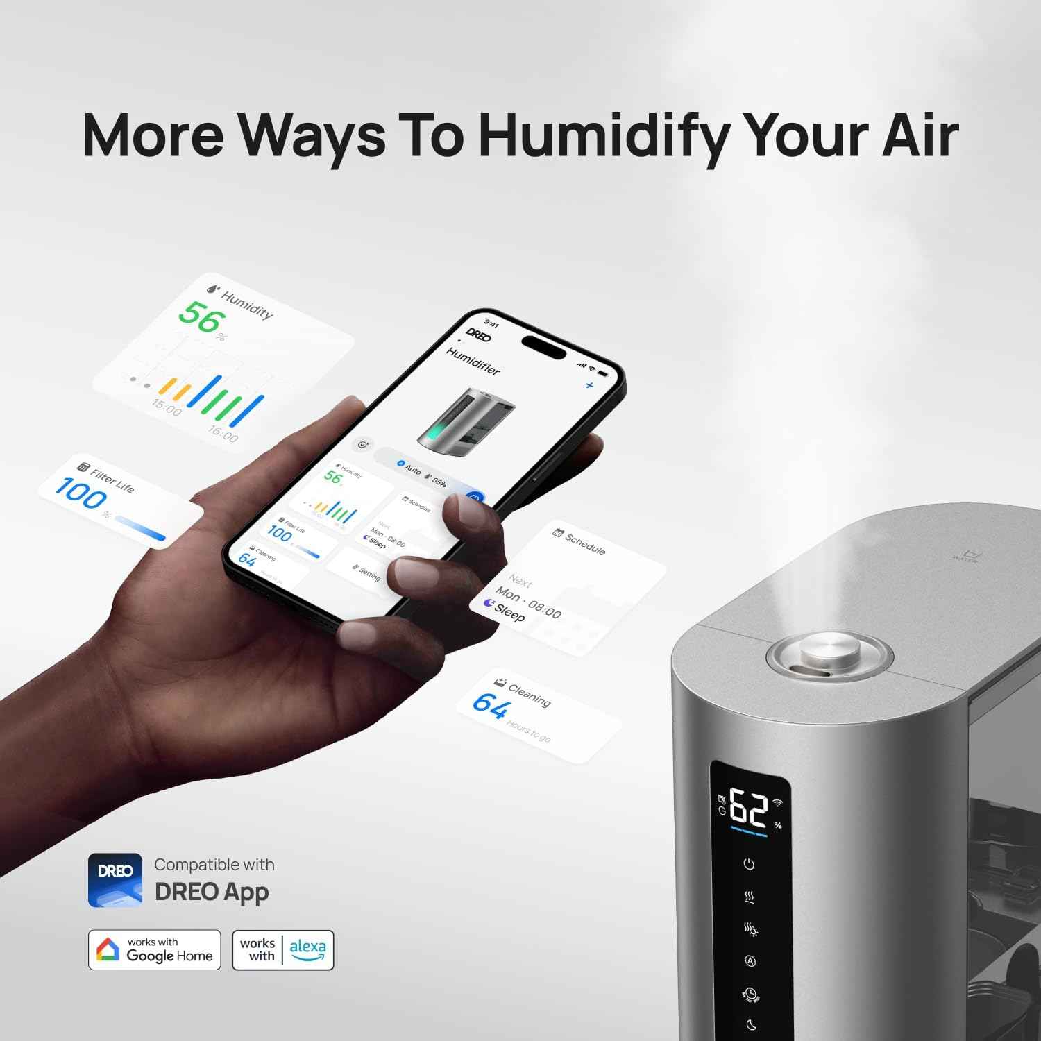 DREO 6L Humidifiers for Bedroom, Smart Warm & Cool Mist for Large Room, 60Hr Quiet Runtime for Baby, Plant, Humidity Sensor, Indicator Light, 12H Timer, Google/Alexa, HM713S