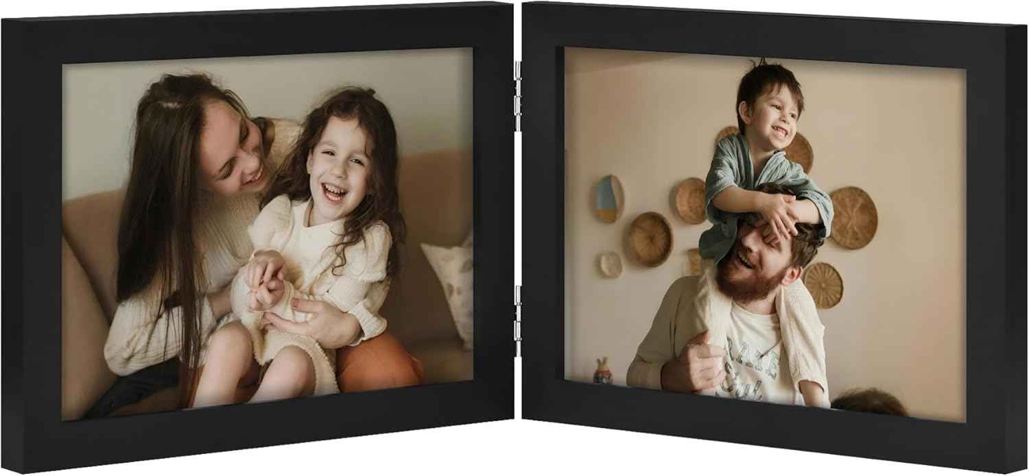 decorUhome Double 4x6 Picture Frame Vertical, Engineered Wood Bifold Photo Frame with Plexiglass for Tabletop Display, 4x6, Black