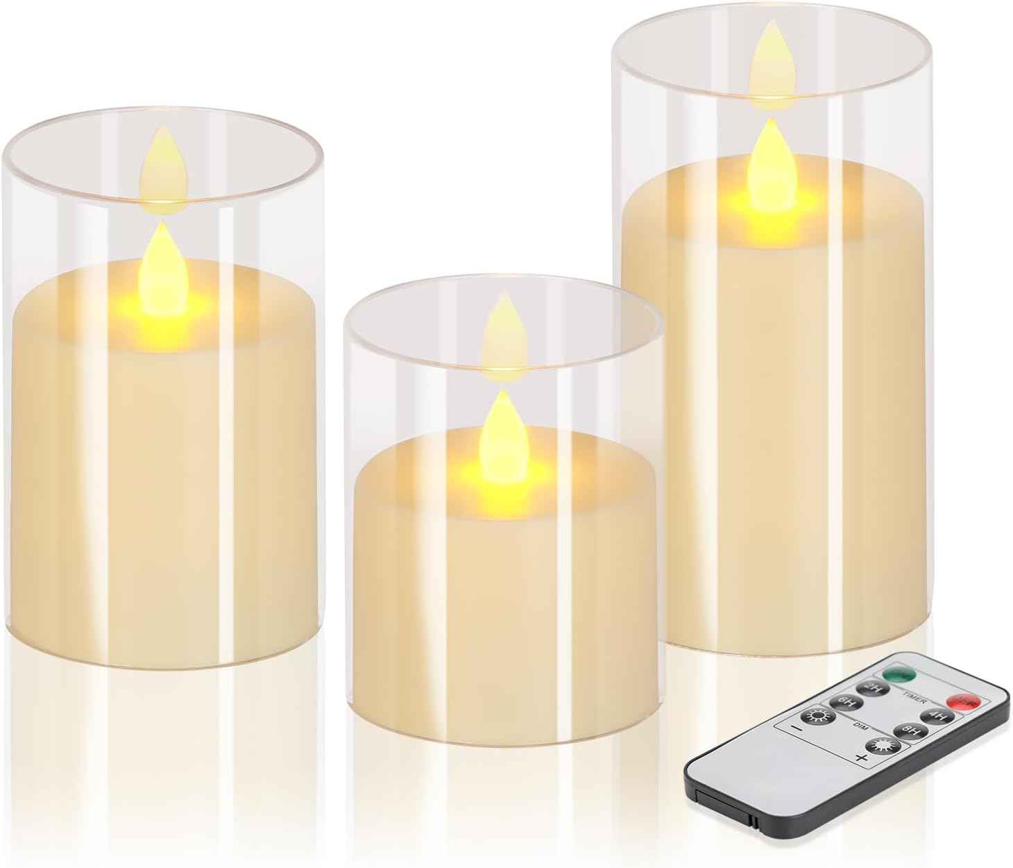 Flameless Candles 4" 5" 6" Set of 3 Acrylic Glass Pillars 3" Diameter Battery Operated Flickering Candles Include 10-Key Remote with Timer Function 400+ Hours (Gray, Warm Light 3 Pack)