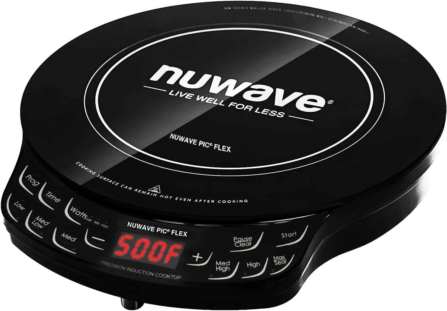 NUWAVE Flex Precision Induction Cooktop, 10.25” Shatter-Proof Ceramic Glass, 6.5” Heating Coil, 45 Temps from 100°F to 500°F, 3 Wattage Settings 600, 900 & 1300 Watts, 9” Duralon Ceramic Pan Included