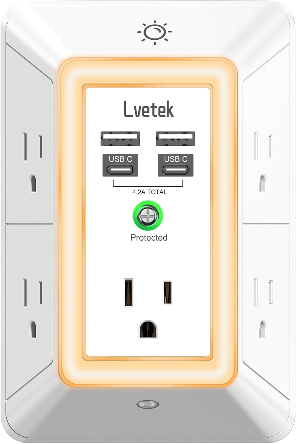 5 outlet wall extender with 4 USB charging ports, 3-sided surge protector, ETL listed, white