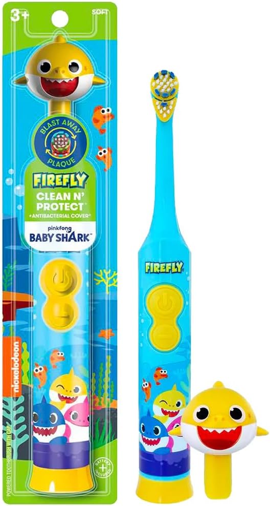 Firefly Clean N' Protect Baby Shark Toothbrush with soft bristles and anti-slip grip handle, battery included, ages 3+