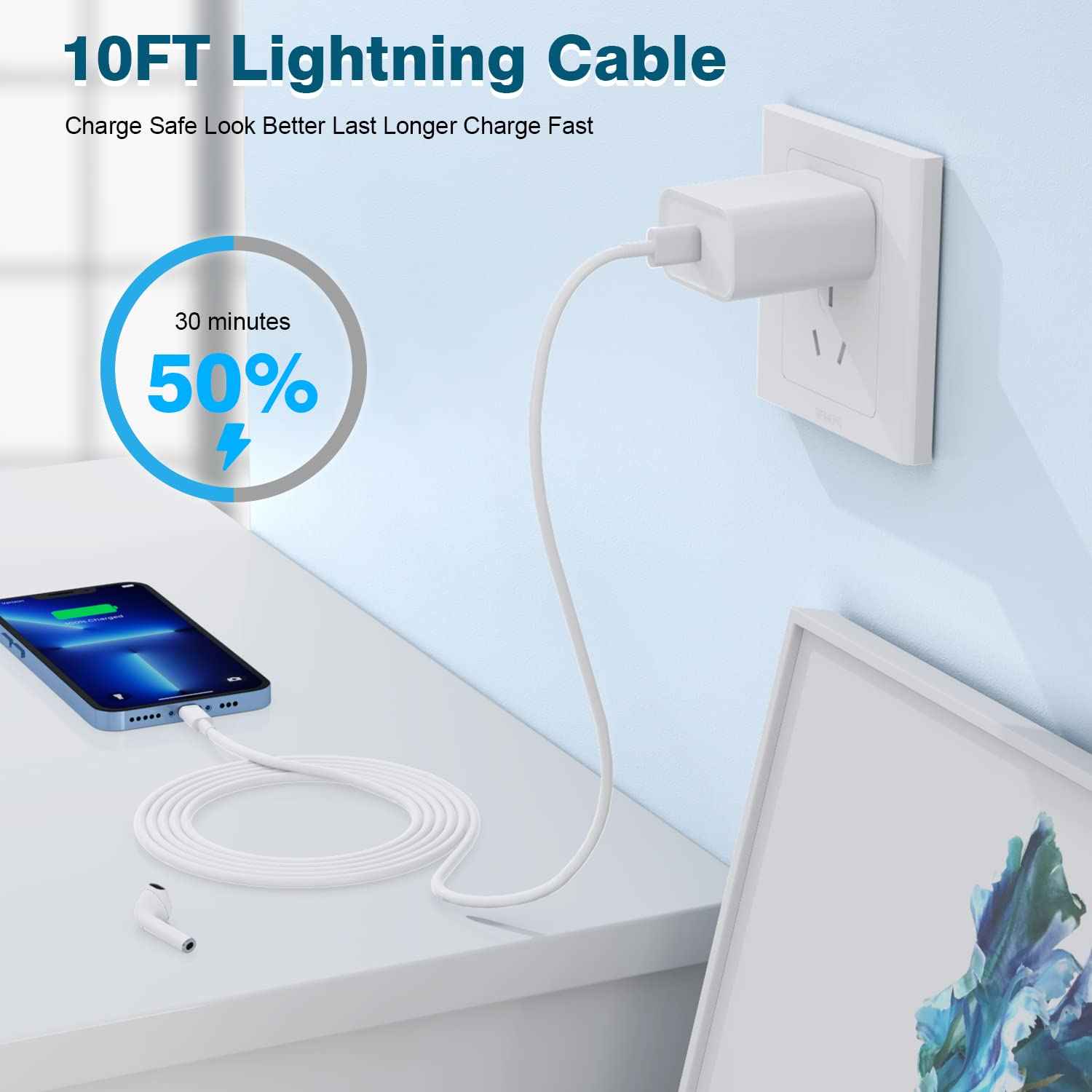 iPhone Fast Charger,Extra Long iPhone Charger Fast Charging 10Foot 2Pack i Phone Chargers 10FT USB C to Lightning Cable Cord Adapter for iPhone 14 Pro Max/14 Plus/13 Mini/13/12/11/X/XR/SE/iPad/AirPods