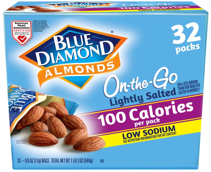 Blue Diamond Low Sodium Almonds, 100 Calorie Packs, 0.6 Ounce, Pack of 32, Lightly Salted, Snack Nuts