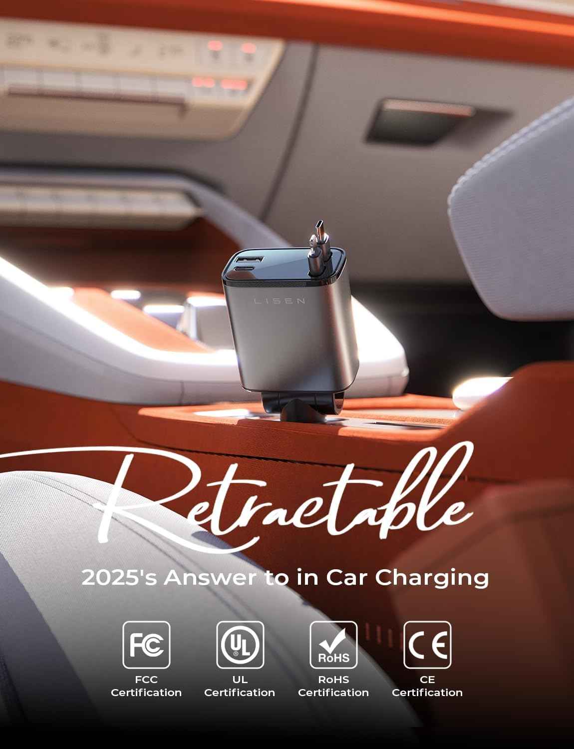 LISEN Retractable Car Charger, Birthday Gifts for Men Tech Gadgets 2026, 69W Cars Adapter USB C Fast Charger for iPhone 17, Car Accessories for Men Women Drivers, for iPhone 17 Pro Max Air 16 15 14 13