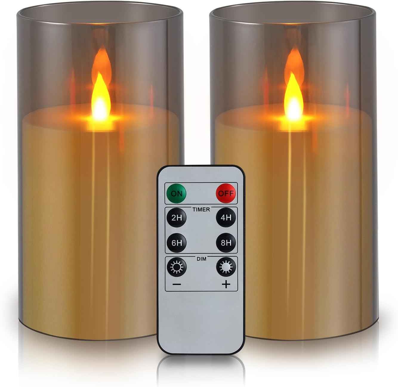 Flameless Candles 4" 5" 6" Set of 3 Acrylic Glass Pillars 3" Diameter Battery Operated Flickering Candles Include 10-Key Remote with Timer Function 400+ Hours (Gray, Warm Light 3 Pack)