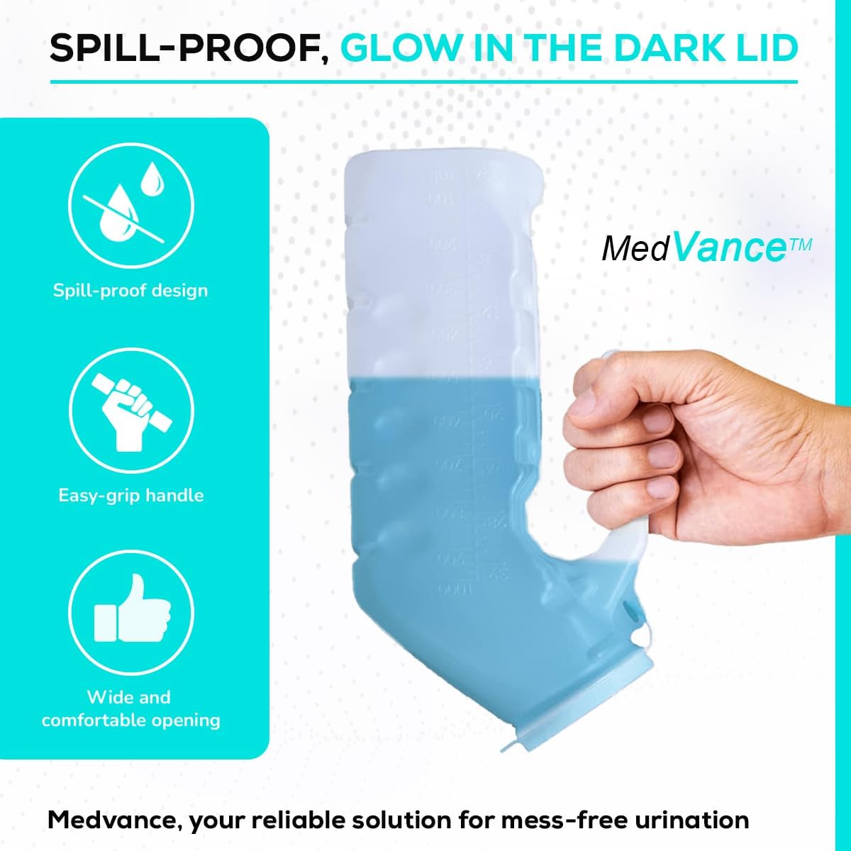 MedVance 1000ml spill-proof portable urinals for men, 2 pack with glow in dark and leak-proof lid