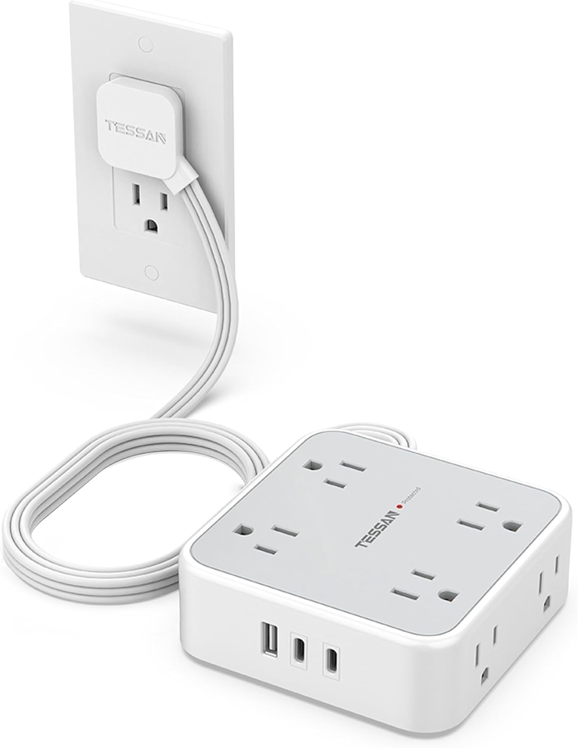 TESSAN 5 Ft flat plug extension cord with 3 USB, 8 outlets, 900J surge protection for office, dorm room essentials