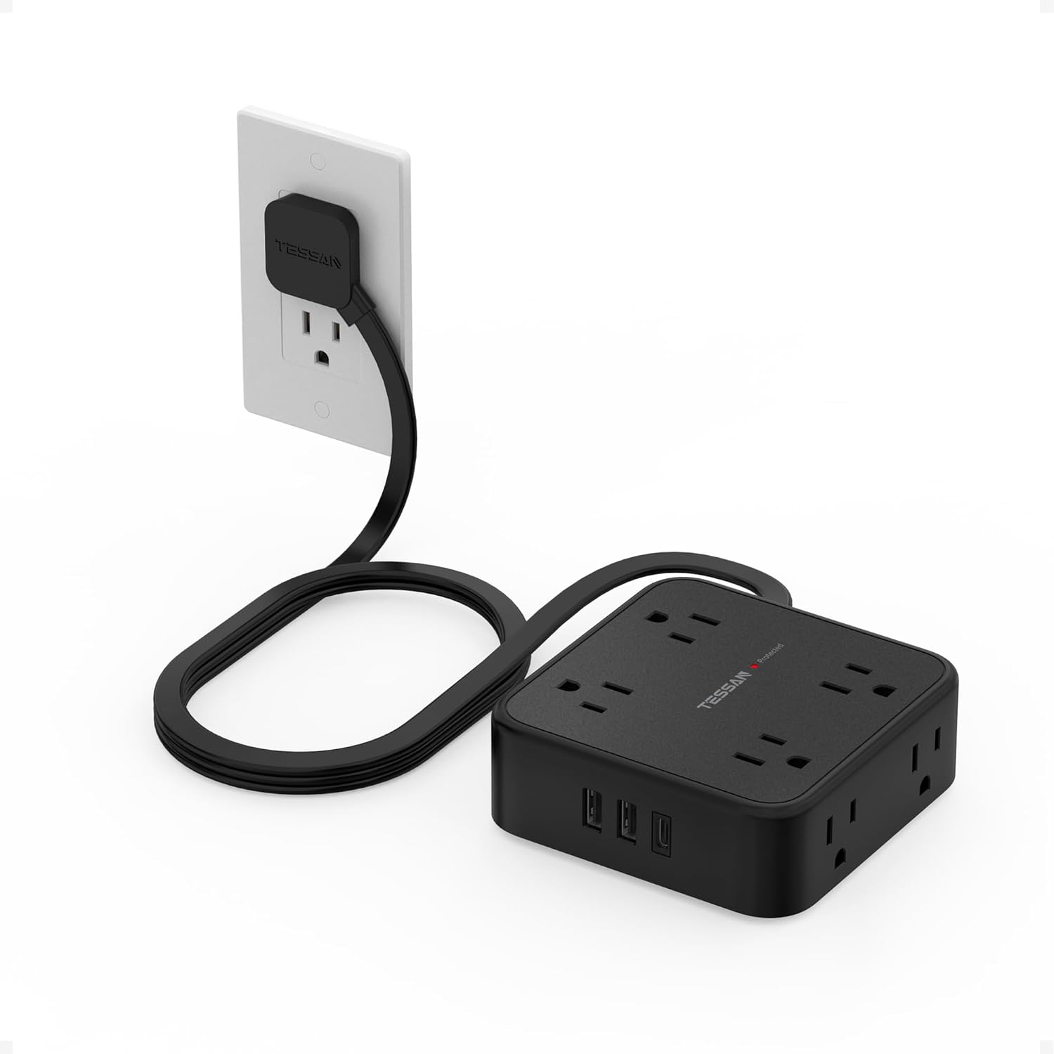 TESSAN 5 Ft flat plug extension cord with 3 USB, 8 outlets, 900J surge protection for office, dorm room essentials