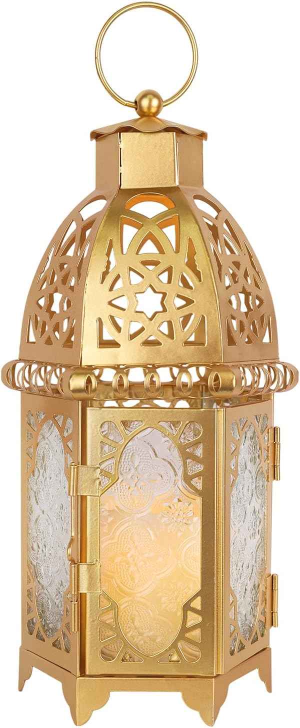 NEEDOMO 12.8'' Moroccan Lanterns Decorative Indoor & Outdoor, Vintage Christmas Candle Holder, Metal Lanterns Decorative, Table, Patio, Porch, Shelf, Christmas Spring Halloween Home Decor (Amber)
