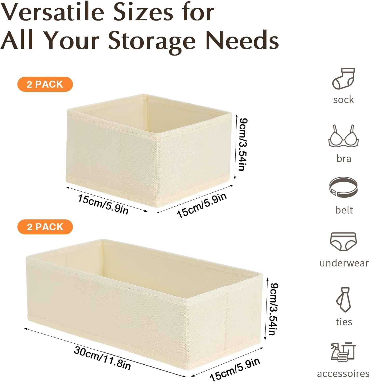 DIMJ Drawer Organizers Clothes, Set of 4 Dresser Organizer Bins, Fabric Closet Organizers and Storage, Shallow Drawer Dividers for Nursery, Clothing, Baby Clothes, Socks, Underwears, Tie (Beige)