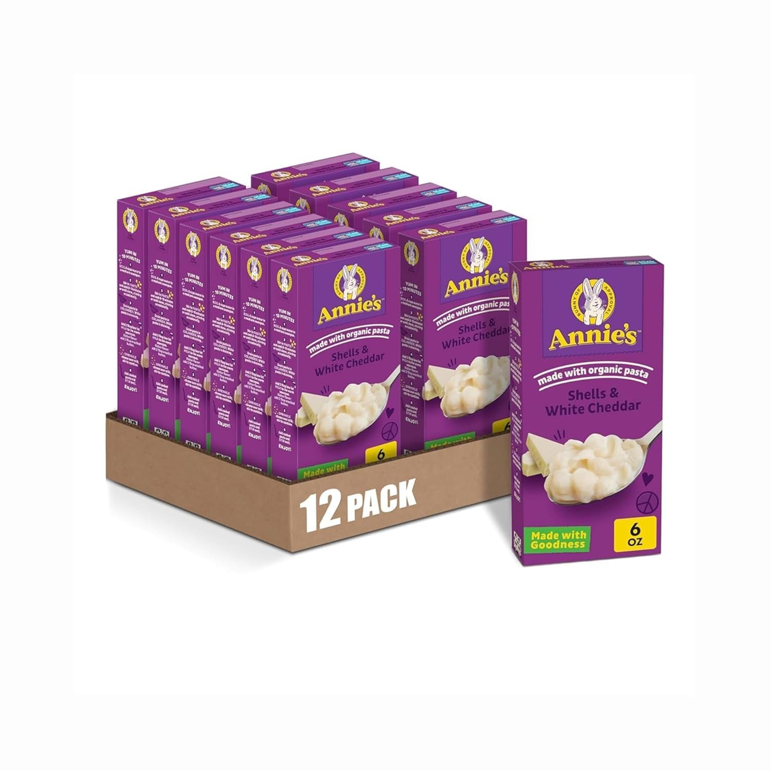 Annie's Organic Pasta Shells and White Cheddar, 6 oz, 12-pack, Made with Real Cheese