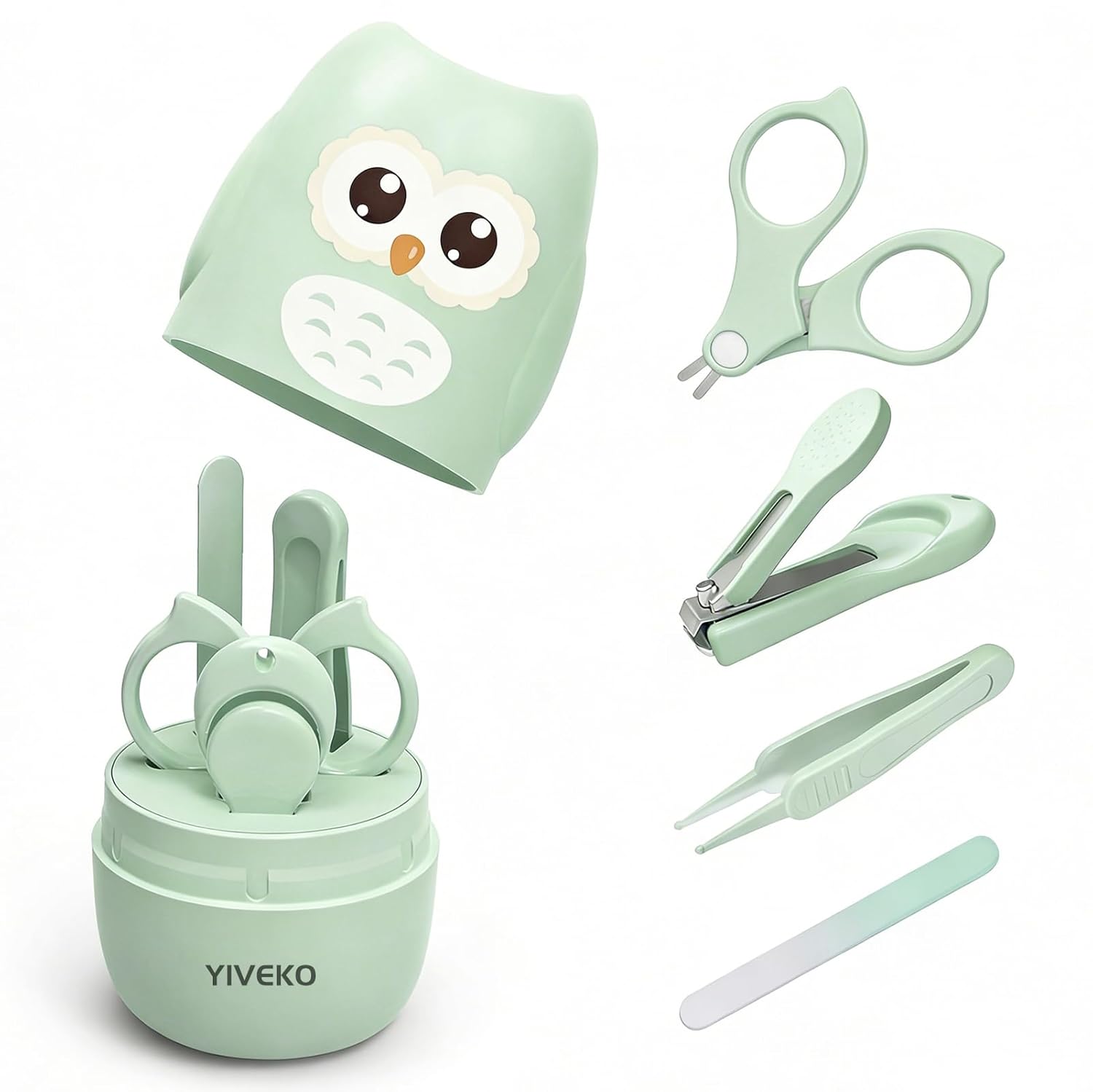 Baby Nail Care Kit, 4-in-1 Set with Owl Case, Clippers, Scissors, File & Tweezers for Newborn to Toddler Kids, Owl Green