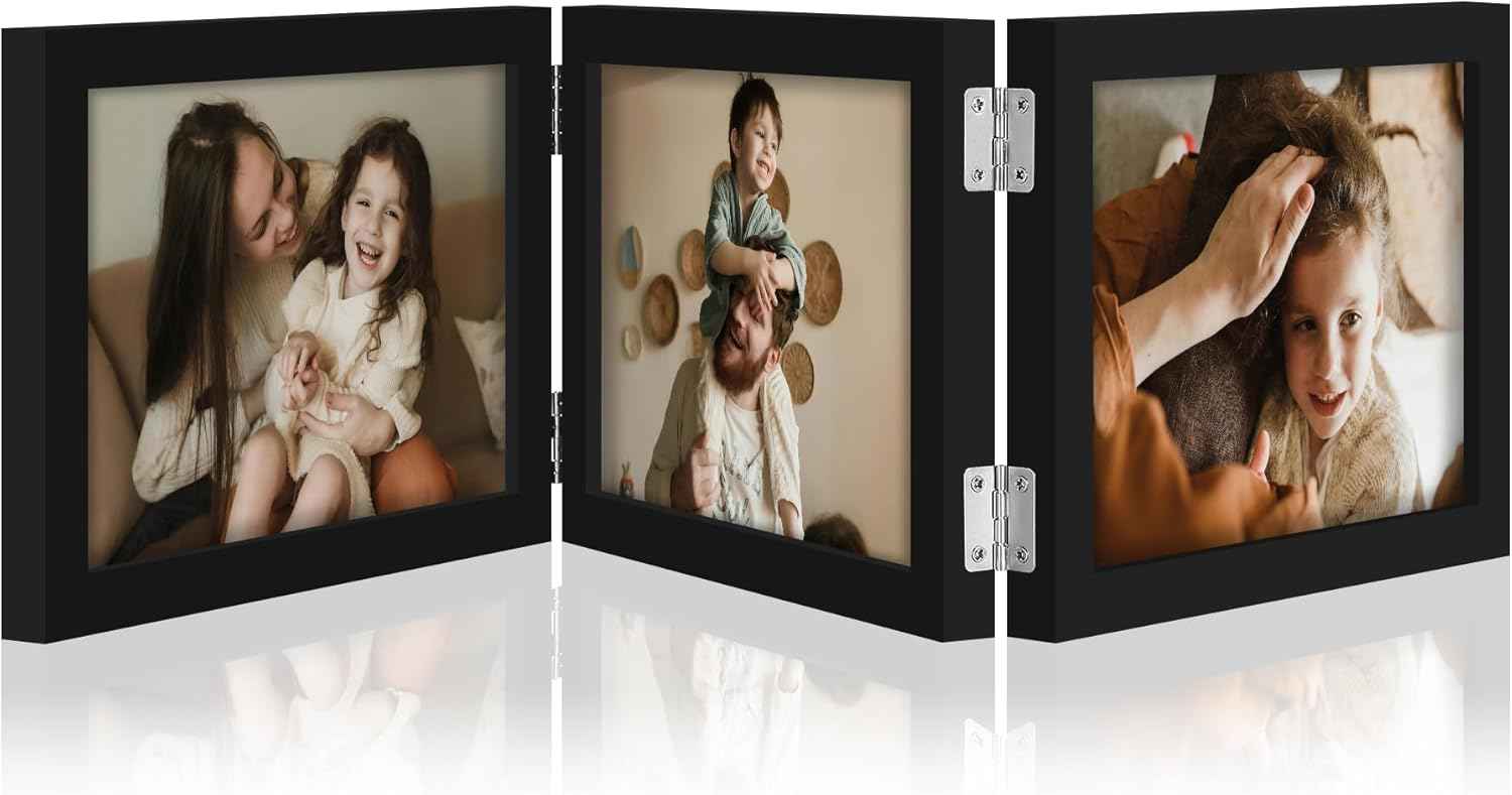 decorUhome Triple 4x6 Picture Frame Vertical, Engineered Wood Trifold Photo Frame with Plexiglass for Tabletop Display, 4x6, Black