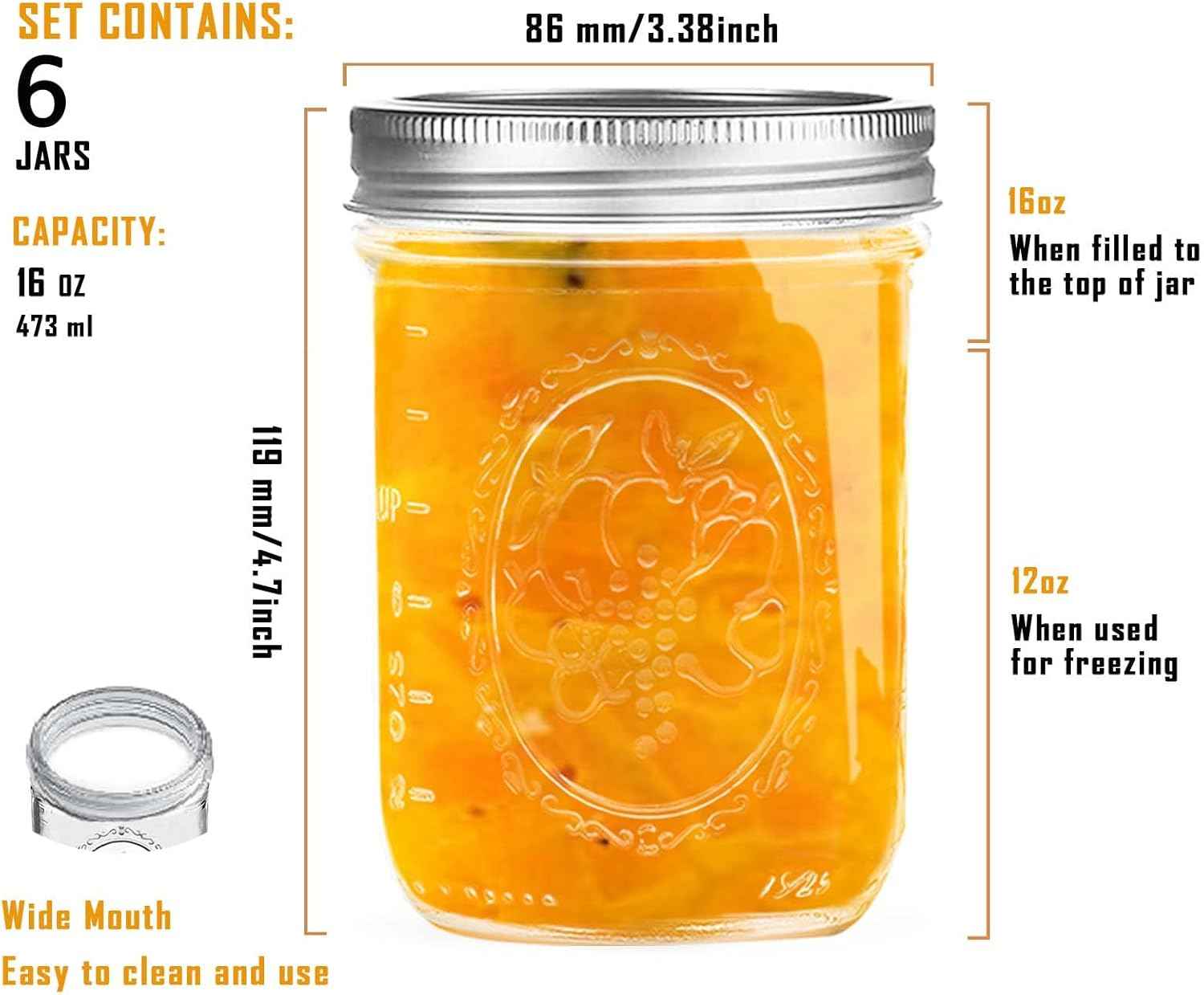 Miuyhji Wide Mouth Mason Jars 16 oz with Lids [6 Pack], Canning Jars with Metal Airtight Lids and Bands, 16 oz Glass Jars for Fermenting, Pickling, Freezing, Preserving, Meal Prep, Jar Décor