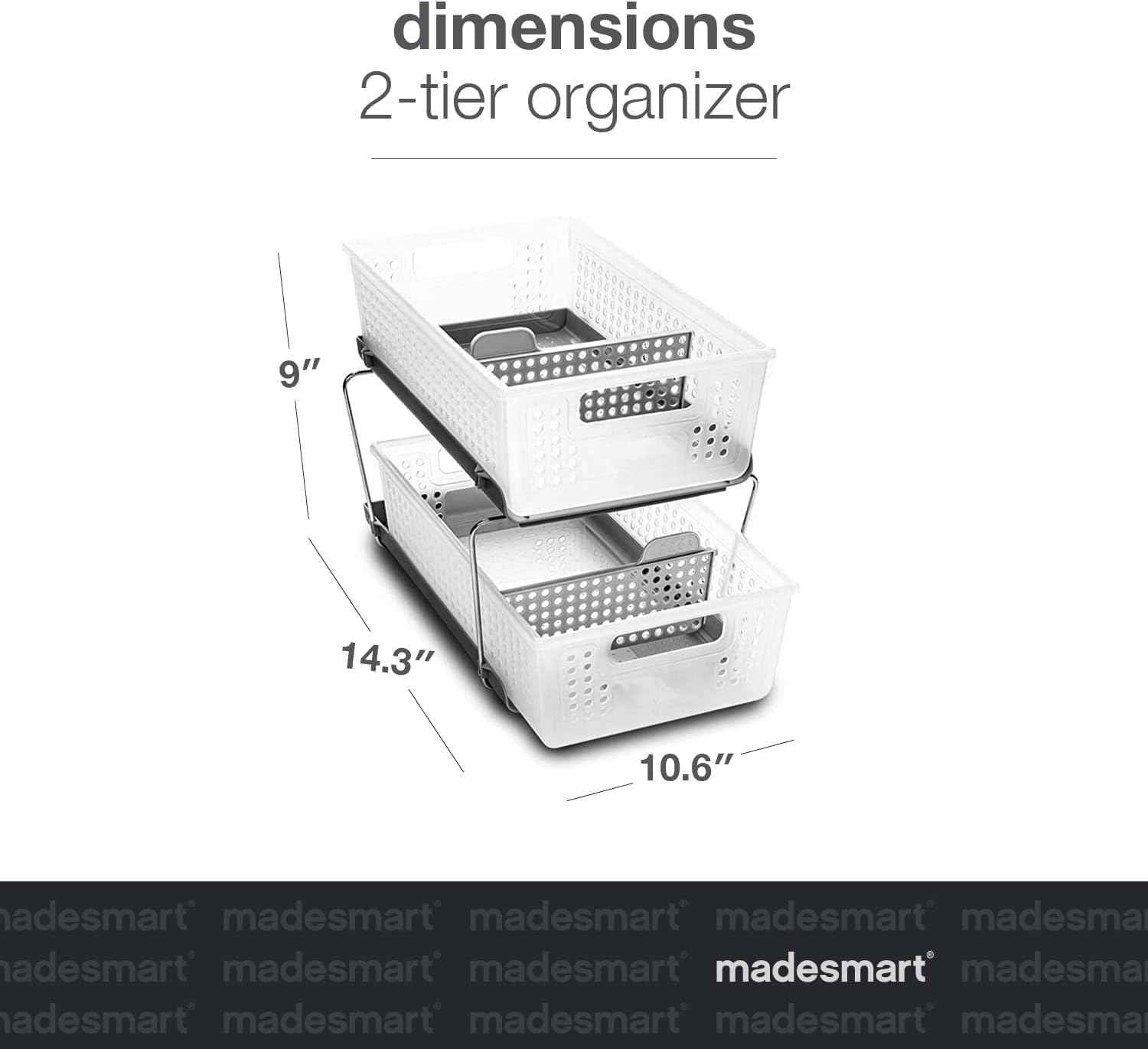 madesmart 2 Tier Bath Organizer, Undersink Storage with Sliding Drawers, for Cleaning Supplies, Pantry, Sponges, Bottles & Kitchen Essentials, Adjustable Dividers & Pull Out Sliding Baskets, Frost