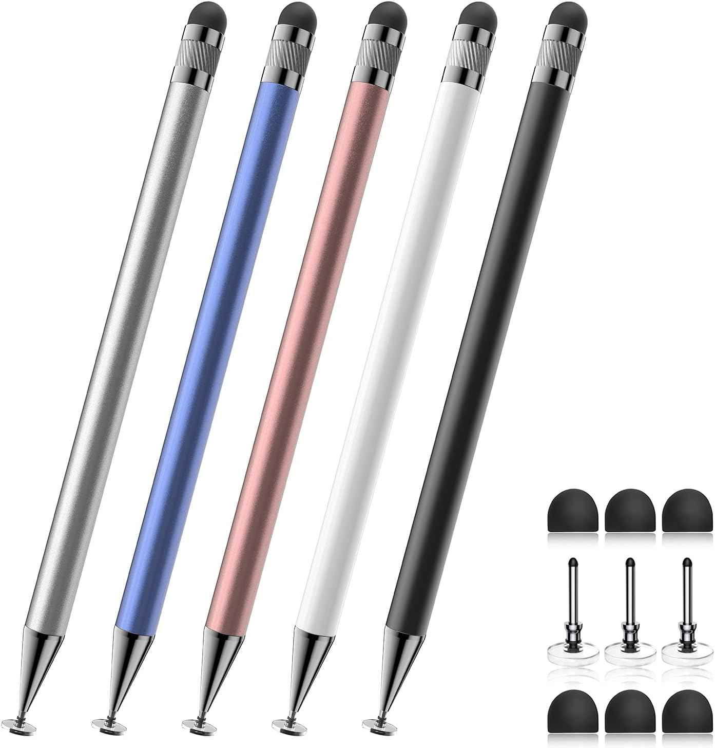 Bopomofo Stylus (5 Pcs), 2-in-1 Stylus Pen for Touch Screen, High Precision and Sensitivity, Suitable for iPhone/ipad/Android Tablets, Compatible with Touch Screens (Black/White/Blue/Rose Gold/Silver)